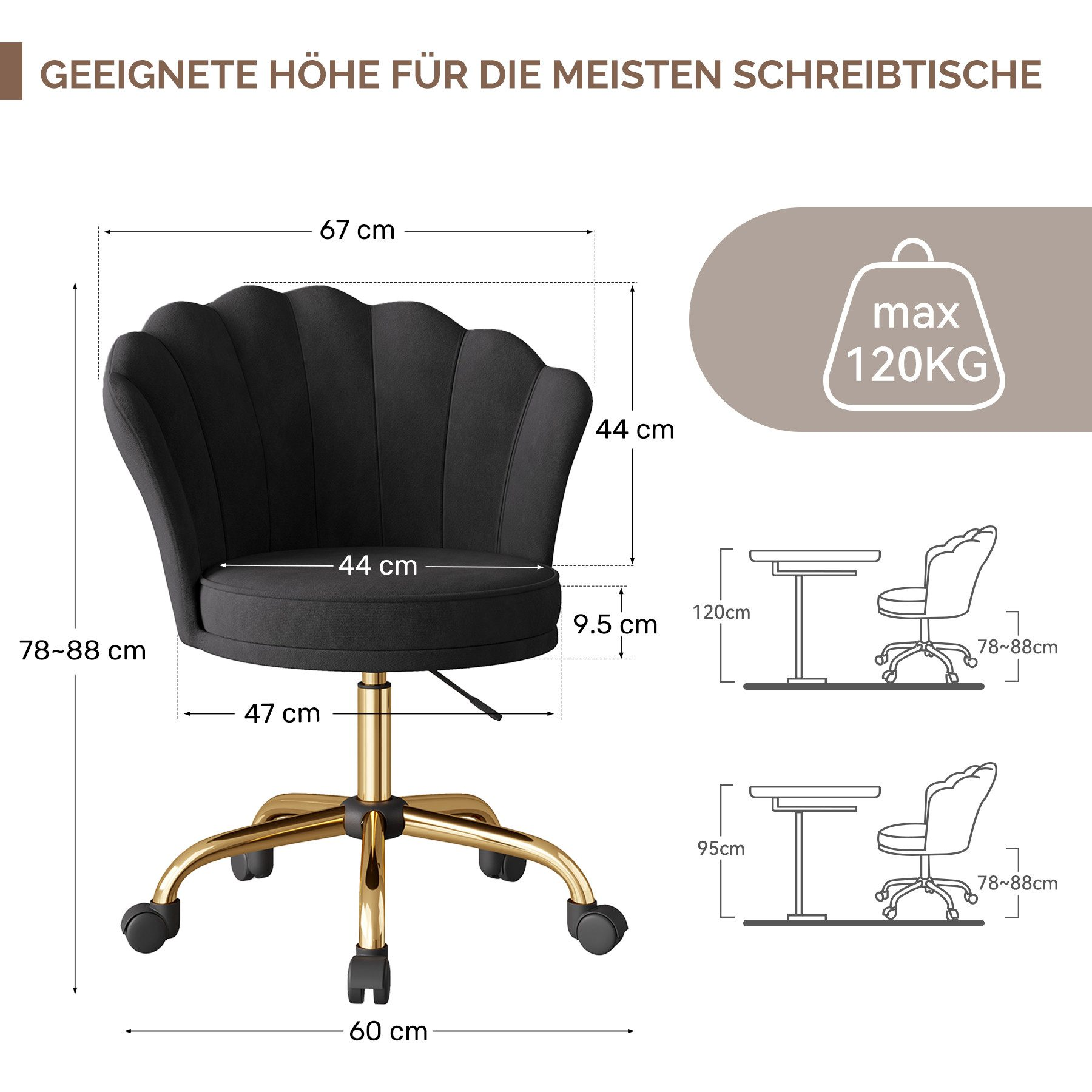 Schwarzer Bürostuhl mit goldenen Beinen, Maße beschriftet. Max. 120 kg. Diagramme von Schreibtischaufbauten.