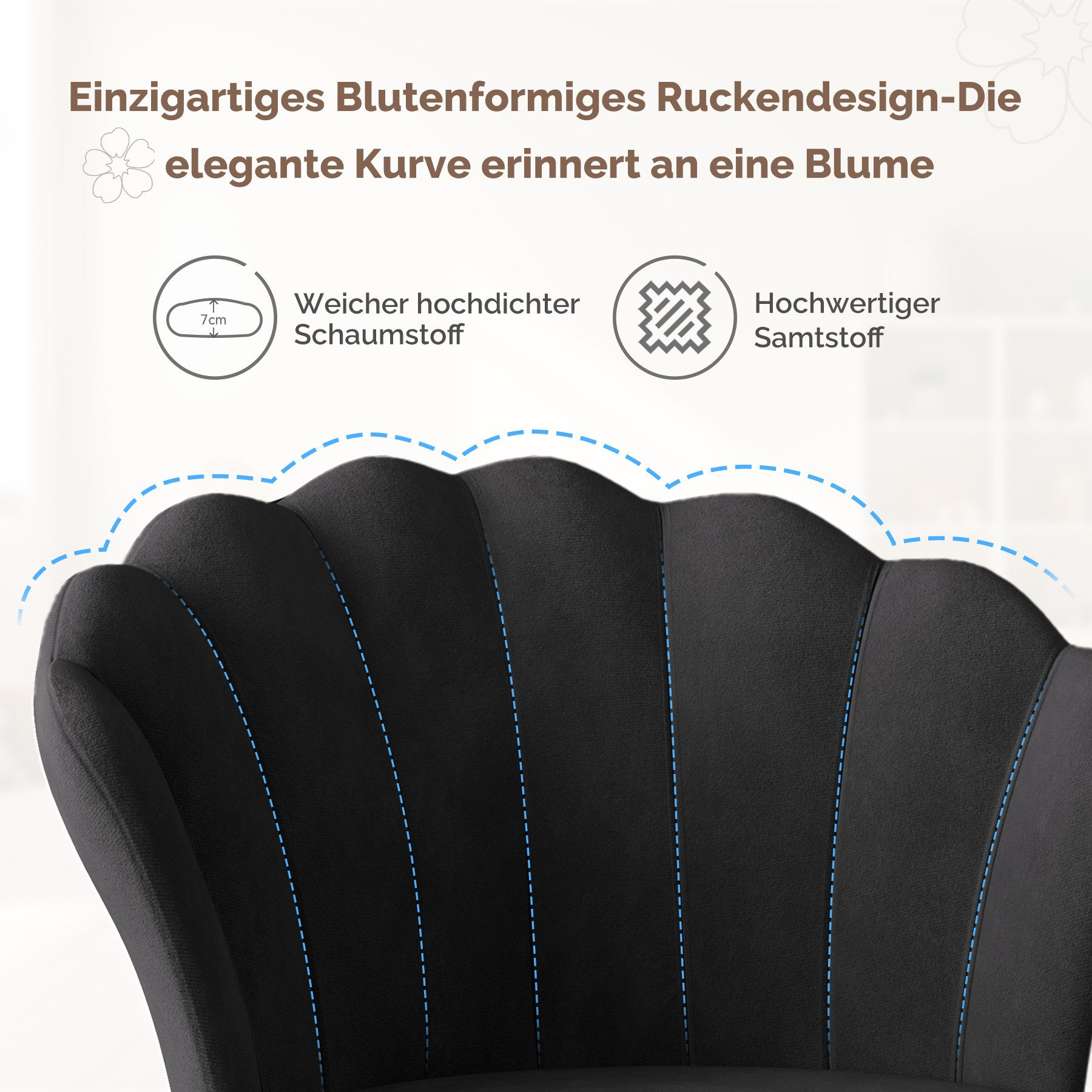 Schwarze Samt-Stuhlrückseite mit floralem Design. Text auf Deutsch beschreibt Design und Materialien.