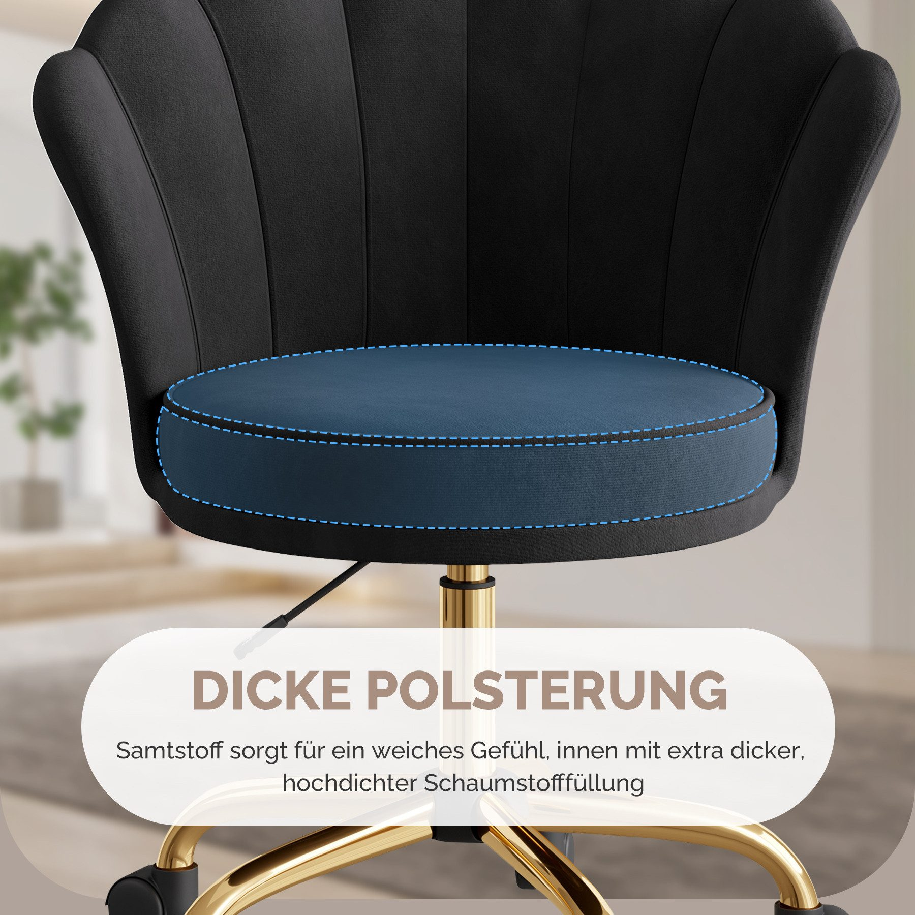 Nahaufnahme eines schwarzen Samtstuhls mit blauem Sitz. Der Stuhl hat goldene Beine. Text sagt 'Dicke Polsterung'.