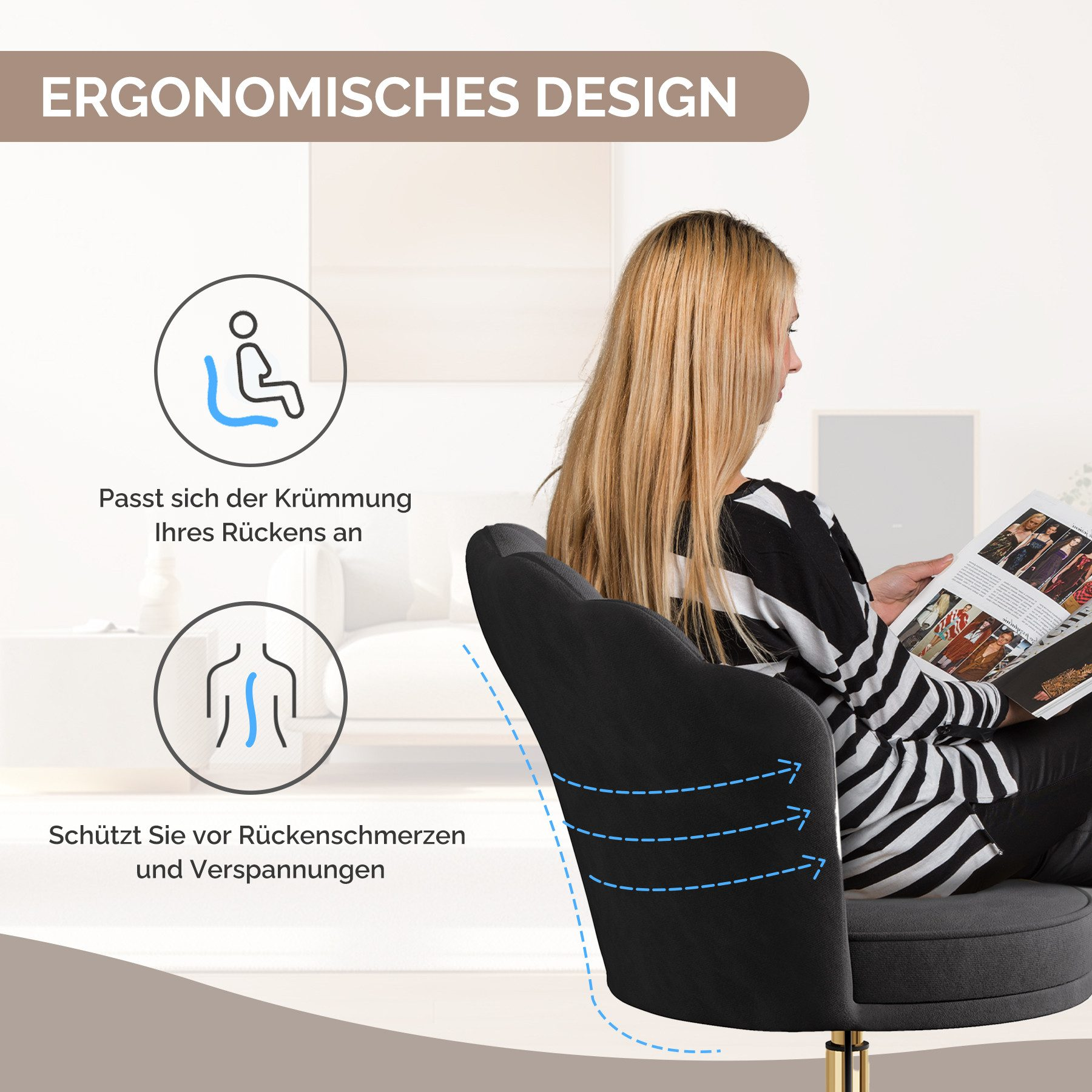 Eine Frau liest eine Zeitschrift in einem schwarzen ergonomischen Stuhl. Das Stuhldesign wird durch Text und Diagramme hervorgehoben.