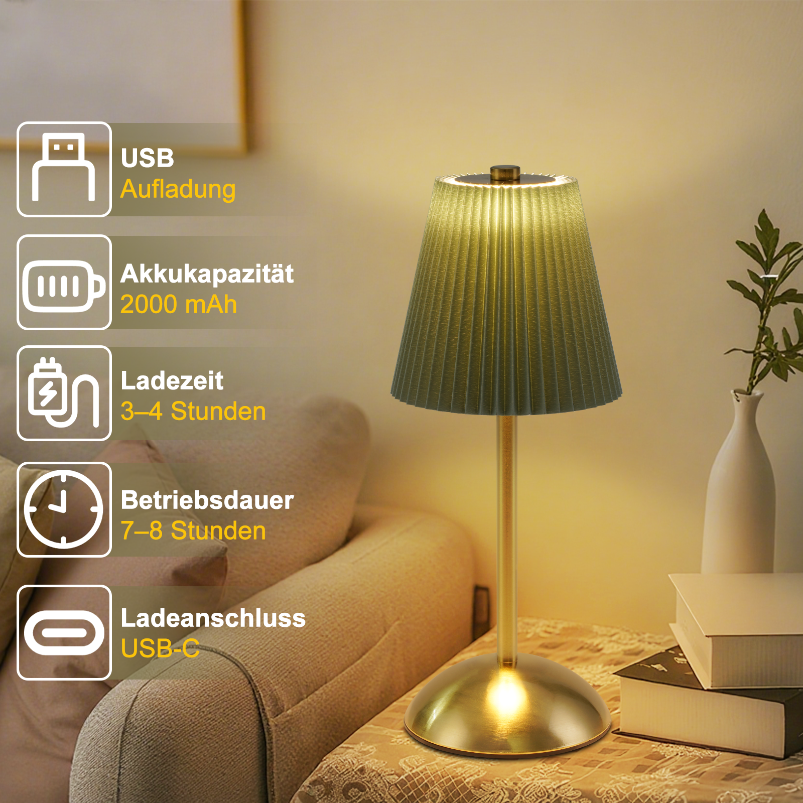 Una lampada dorata con paralume a pieghe è su un tavolo. Icone informative per la ricarica USB e la durata della batteria.