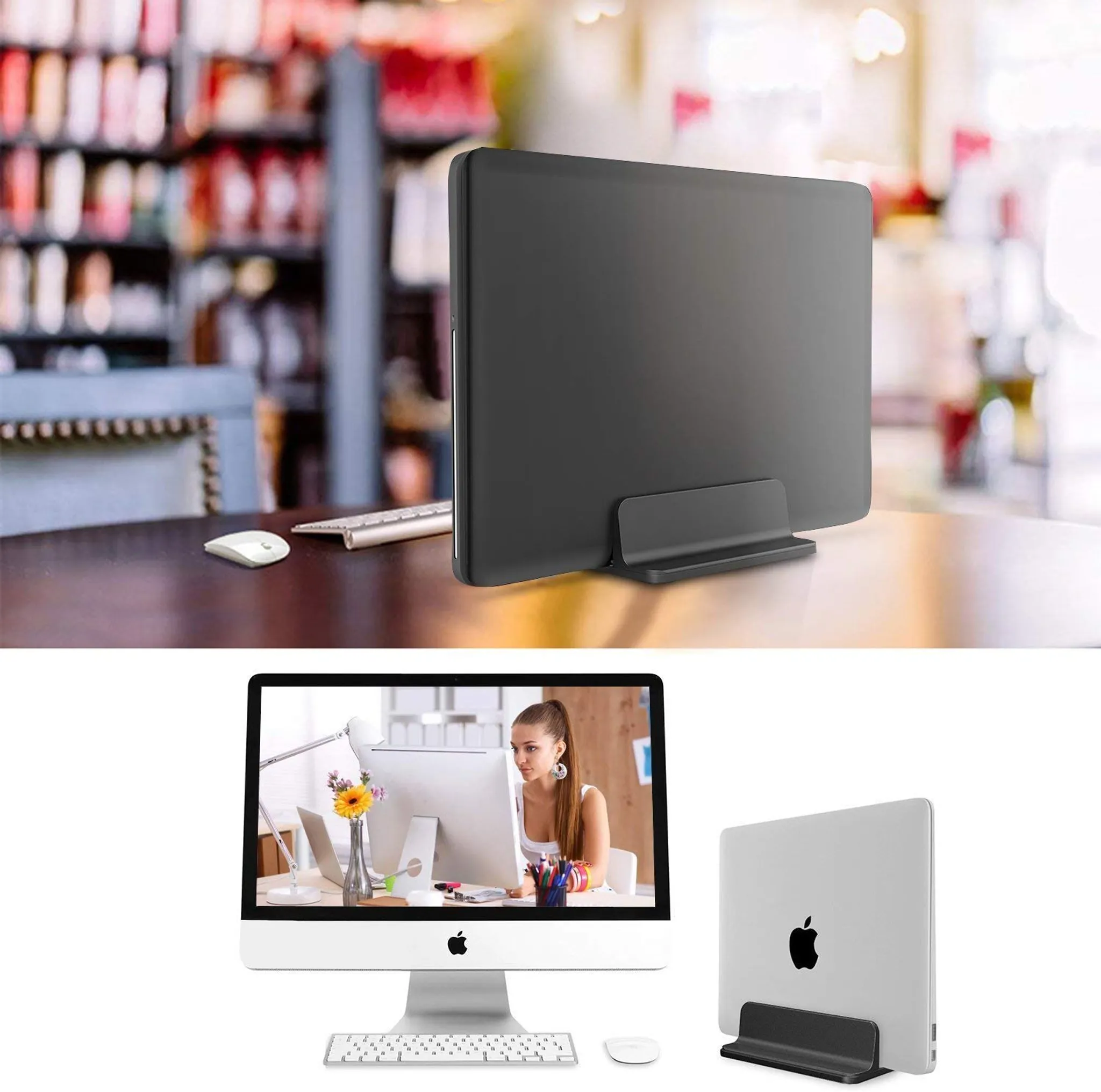 Ein Laptop steht vertikal auf einem Schreibtisch. Ein iMac, eine Tastatur und eine Maus sind ebenfalls vorhanden. Eine Frau ist auf dem iMac-Bildschirm zu sehen.