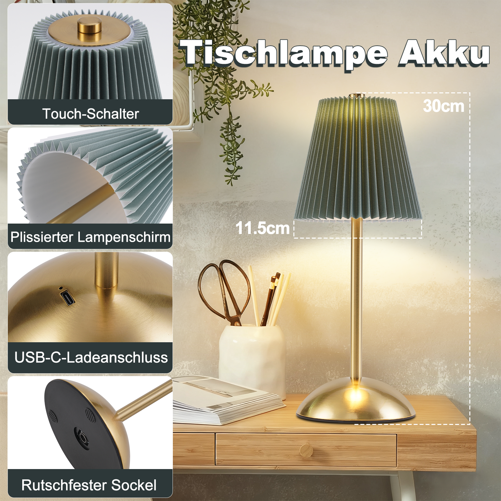 Una lampada color oro con un paralume verde plissettato è su un tavolo di legno, accanto a forbici e vaso.