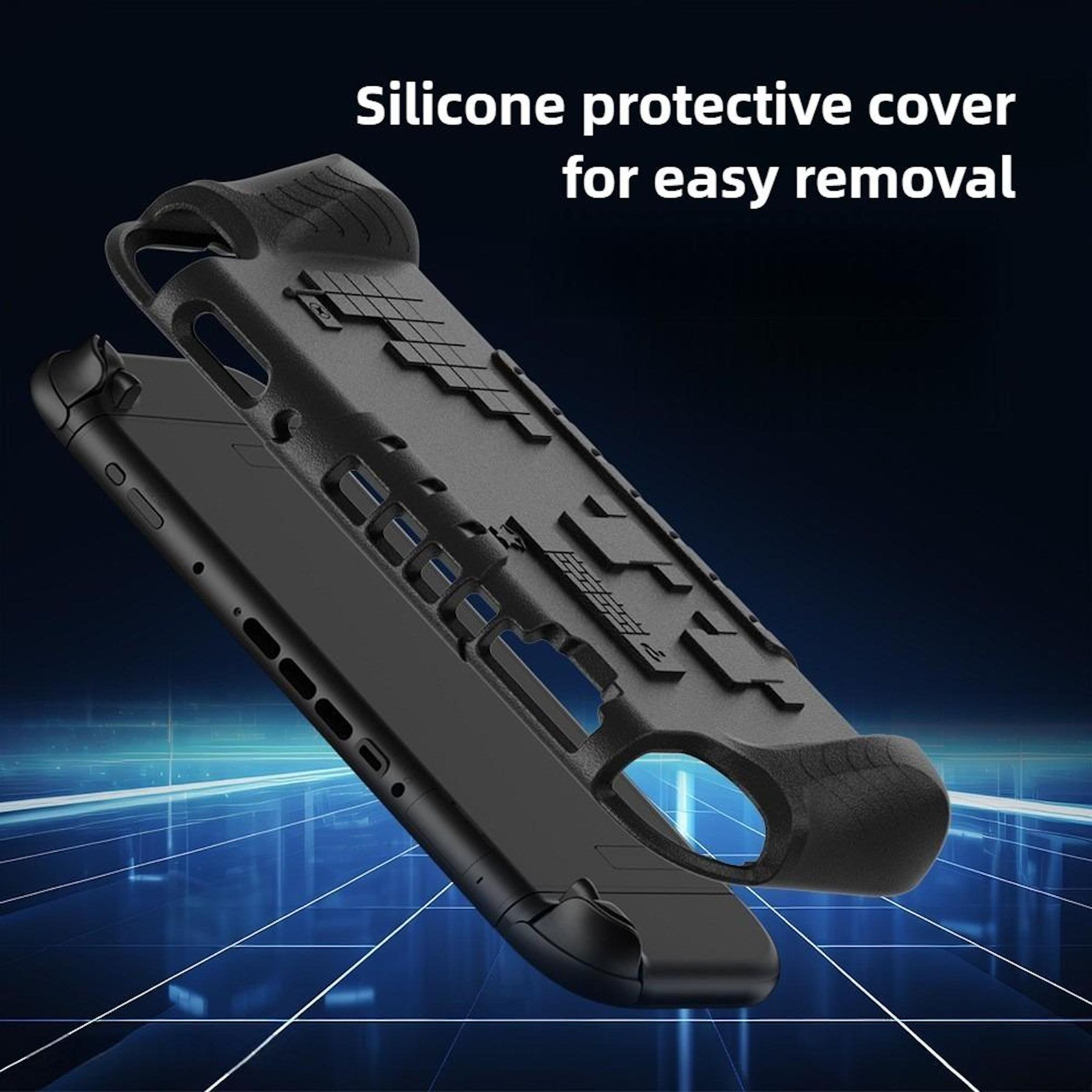 Funda de teléfono de silicona negra, abierta, mostrando el interior. El texto dice: Funda protectora de silicona para fácil extracción.
