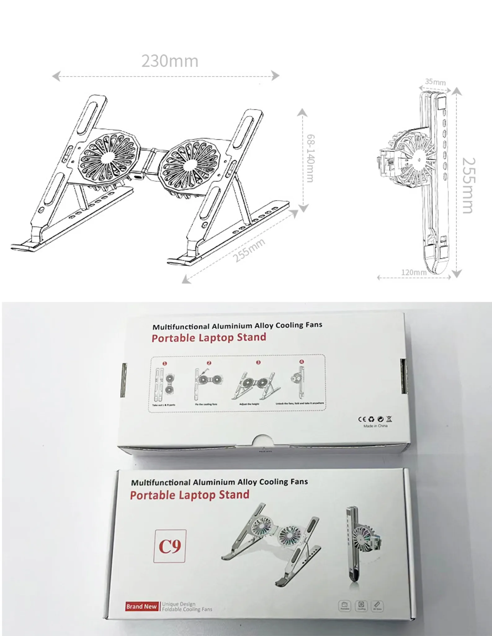 Das Bild zeigt einen Laptop-Ständer mit Kühlventilatoren, Abmessungen und Produktverpackung mit Anweisungen und Branding.