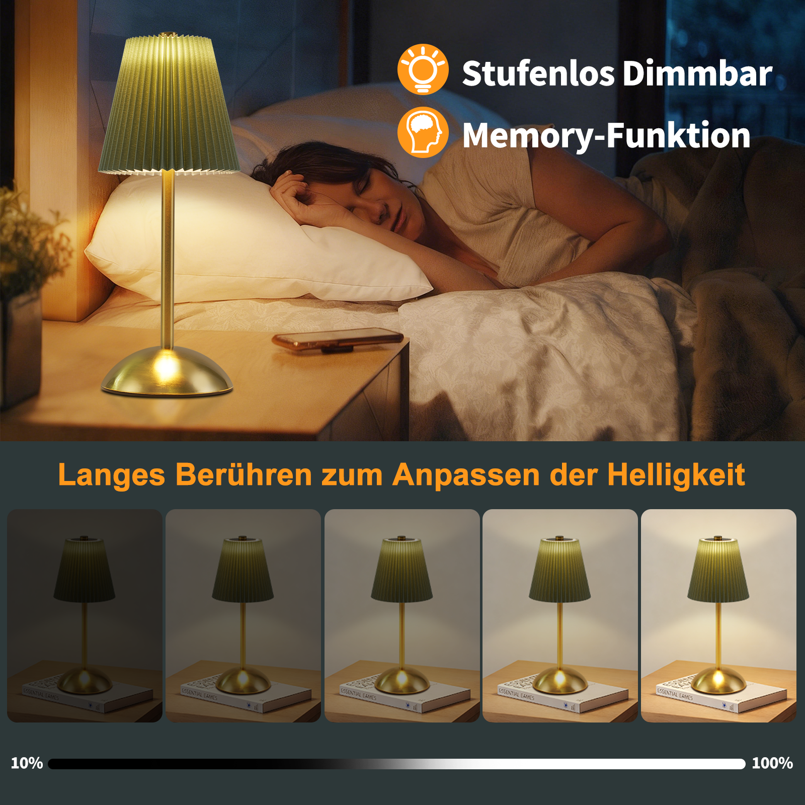 Una donna che dorme accanto a una lampada da comodino con luminosità regolabile. Vengono mostrati vari livelli di luminosità.