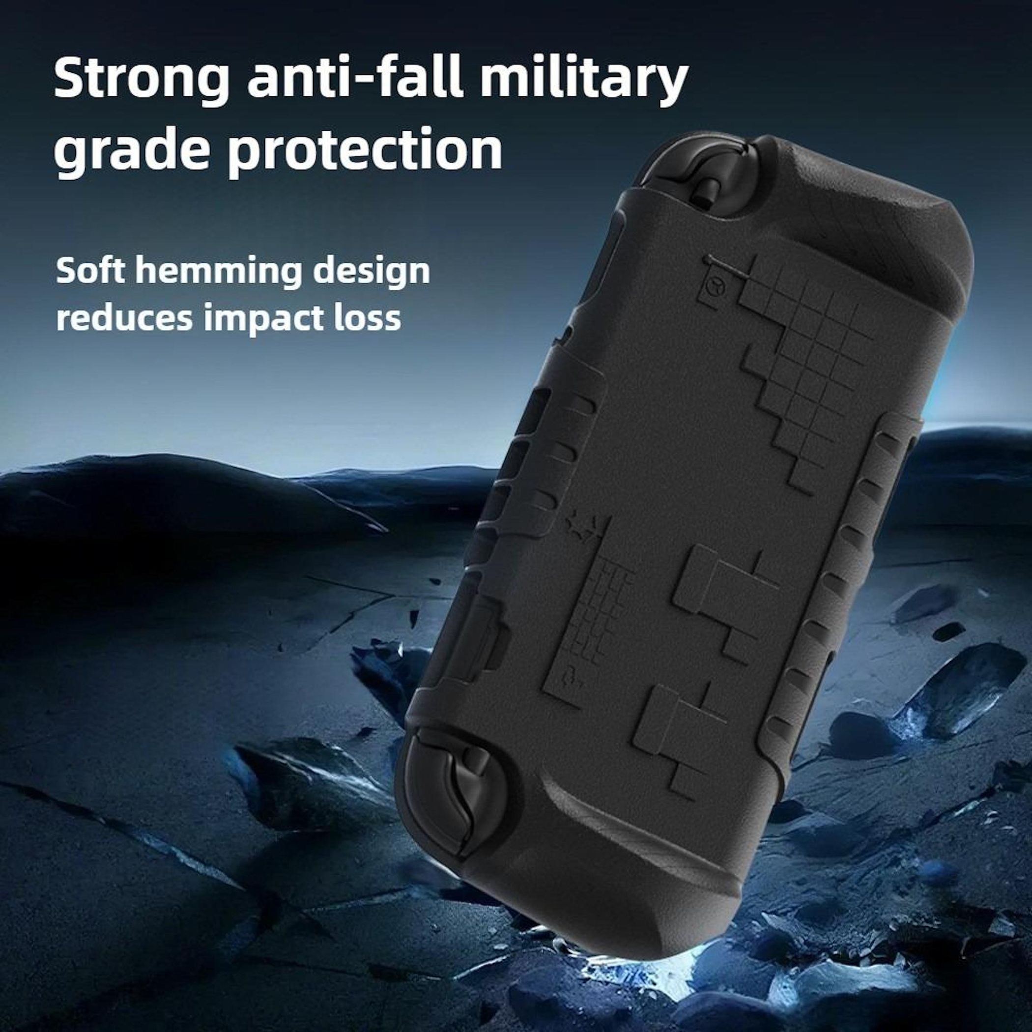 Una funda negra con diseño texturizado. Texto: Fuerte protección militar anticaída, borde suave reduce impacto.