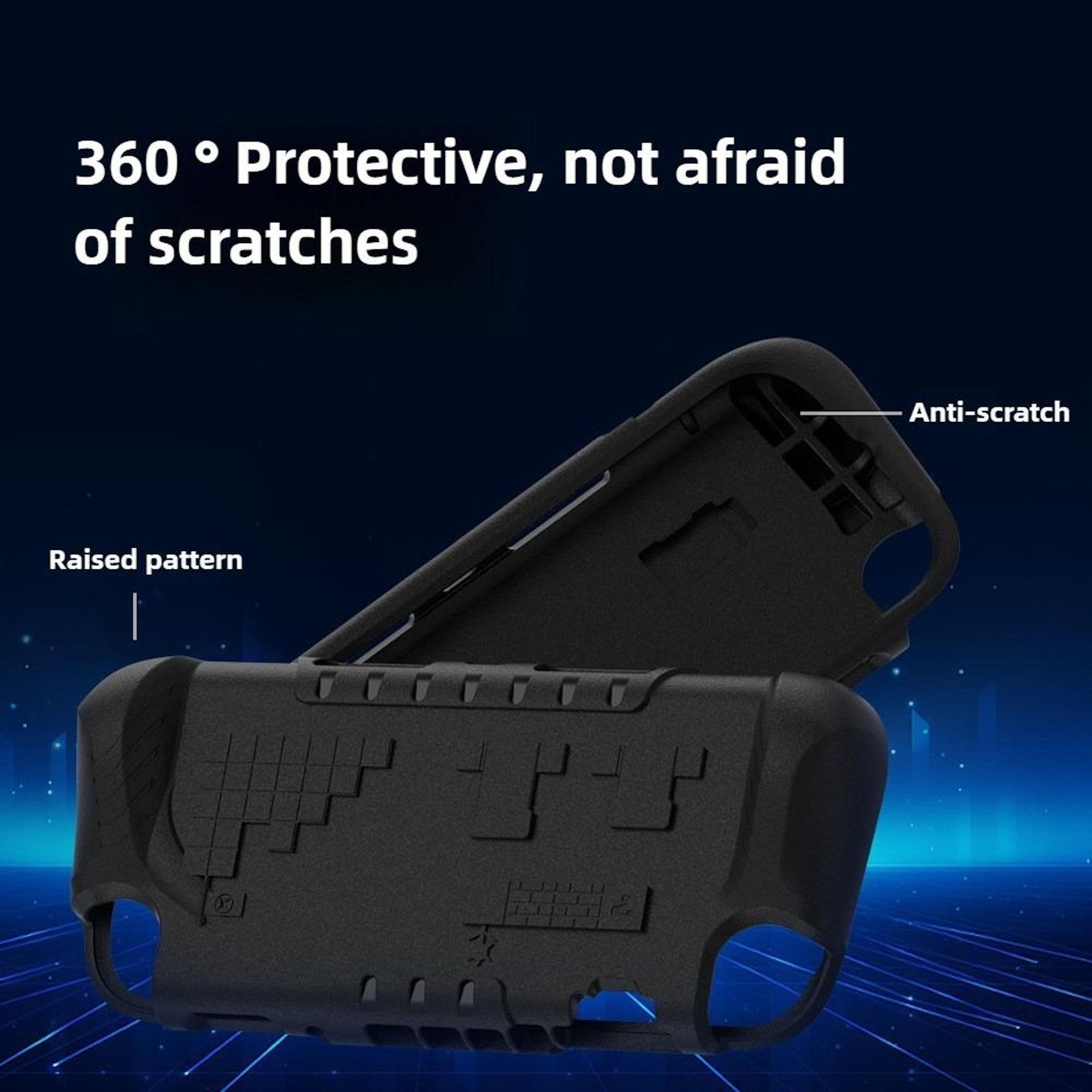 Funda protectora negra para un dispositivo, con patrón en relieve, diseño antiarañazos y protección de 360 grados.