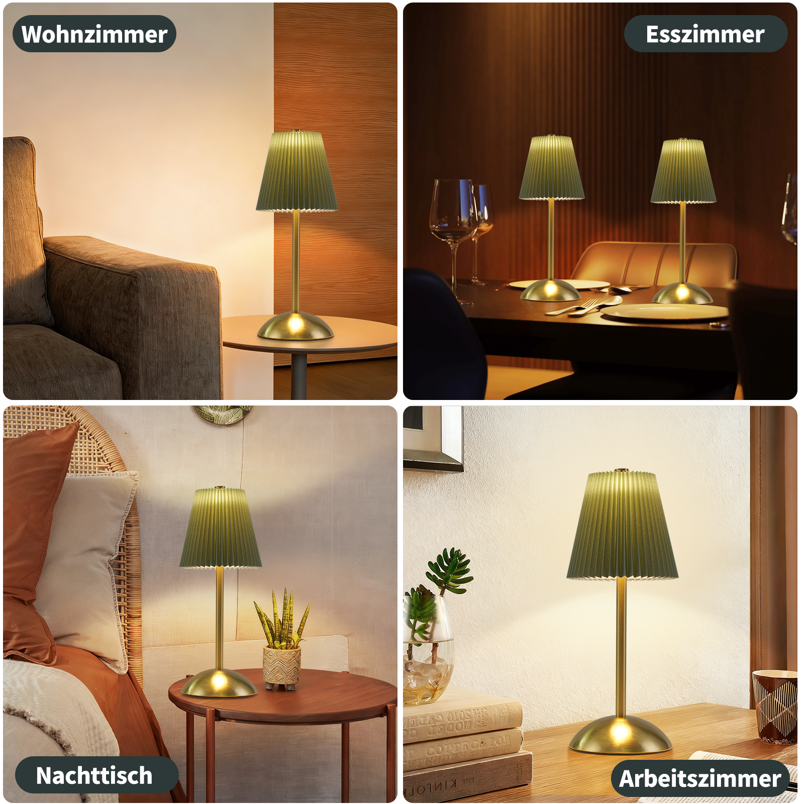 Quattro immagini con una lampada in ottone. Ogni ambiente è diverso: soggiorno, sala da pranzo, comodino e studio.