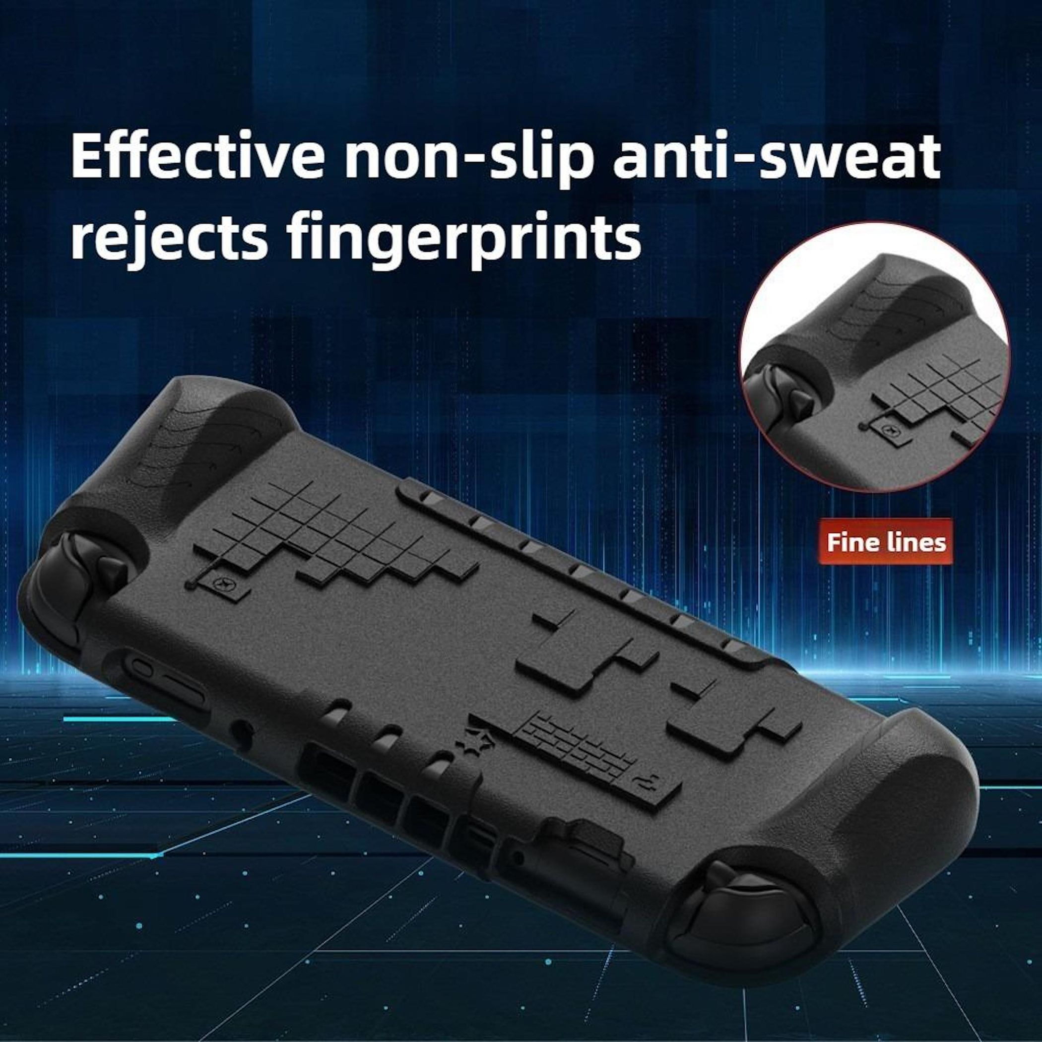 Funda negra para teléfono con superficie texturizada, un inserto de primer plano. Superposición de texto: Efectivo antideslizante, antisudor, rechaza huellas.