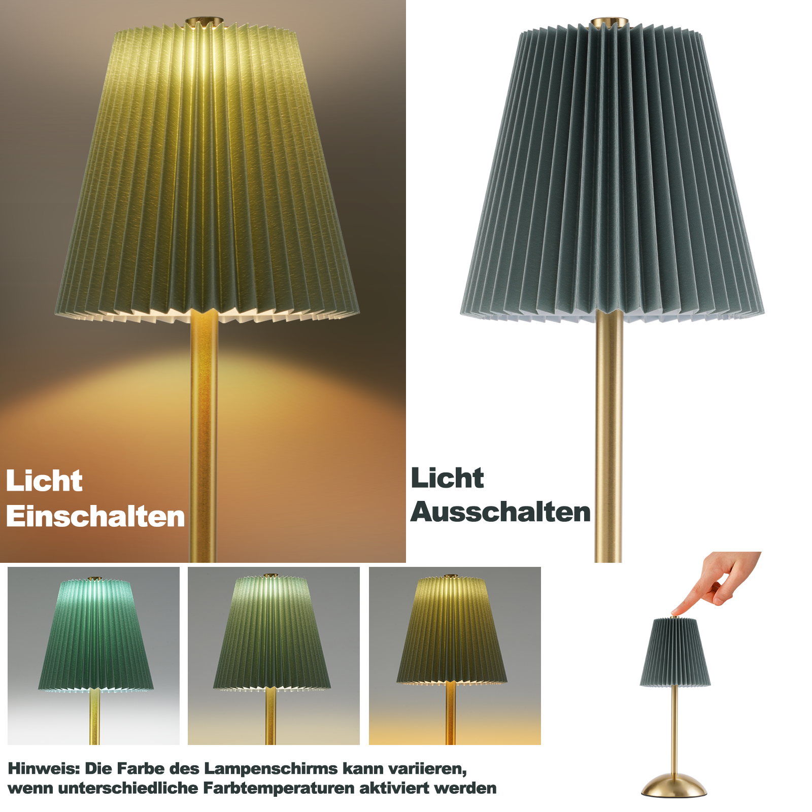 Una lampada con paralume plissettato è mostrata accesa e spenta. Il colore varia con la temperatura della luce.