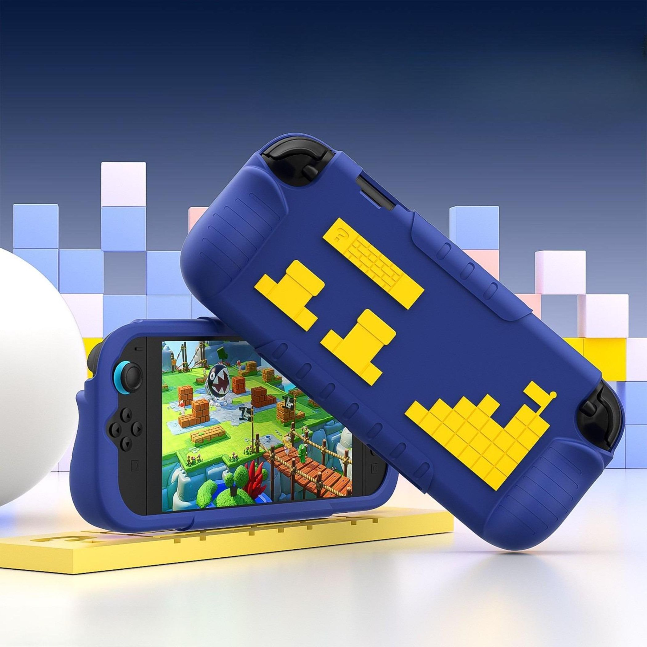 Blaue Nintendo Switch-Hülle mit gelber Pixelkunst auf einer gelben Plattform. Ein Spiel wird auf dem Bildschirm angezeigt.