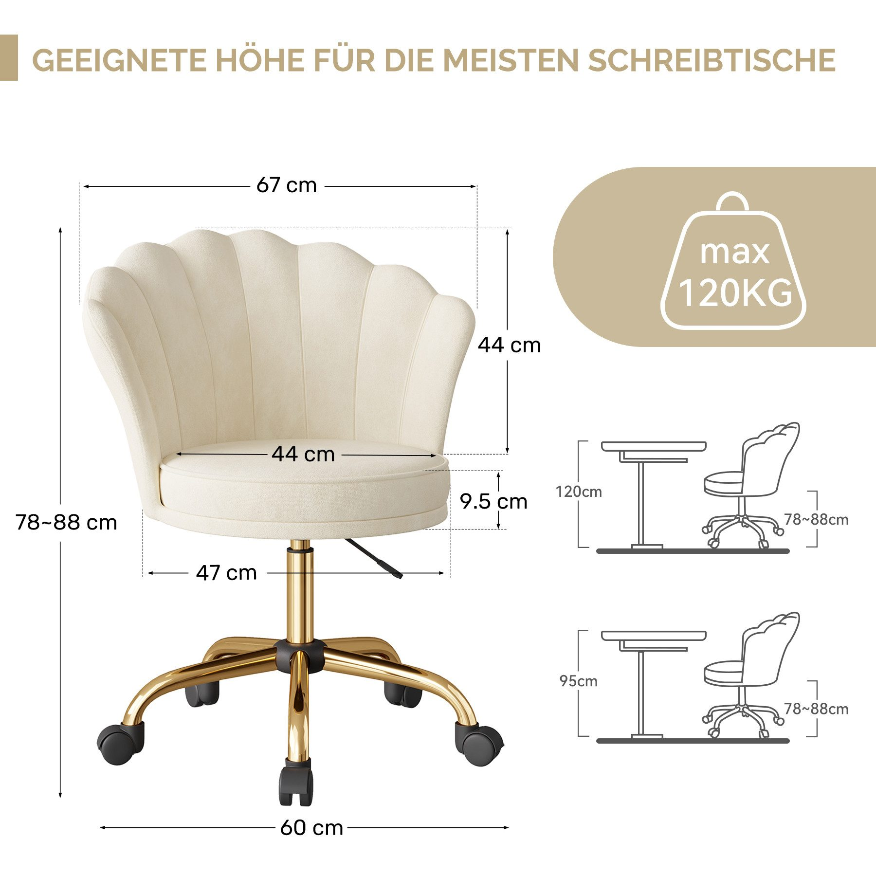 Ein cremefarbener Bürostuhl mit Muscheloptik, goldenen Beinen und schwarzen Rollen, mit Abmessungen und Gewichtsangabe.
