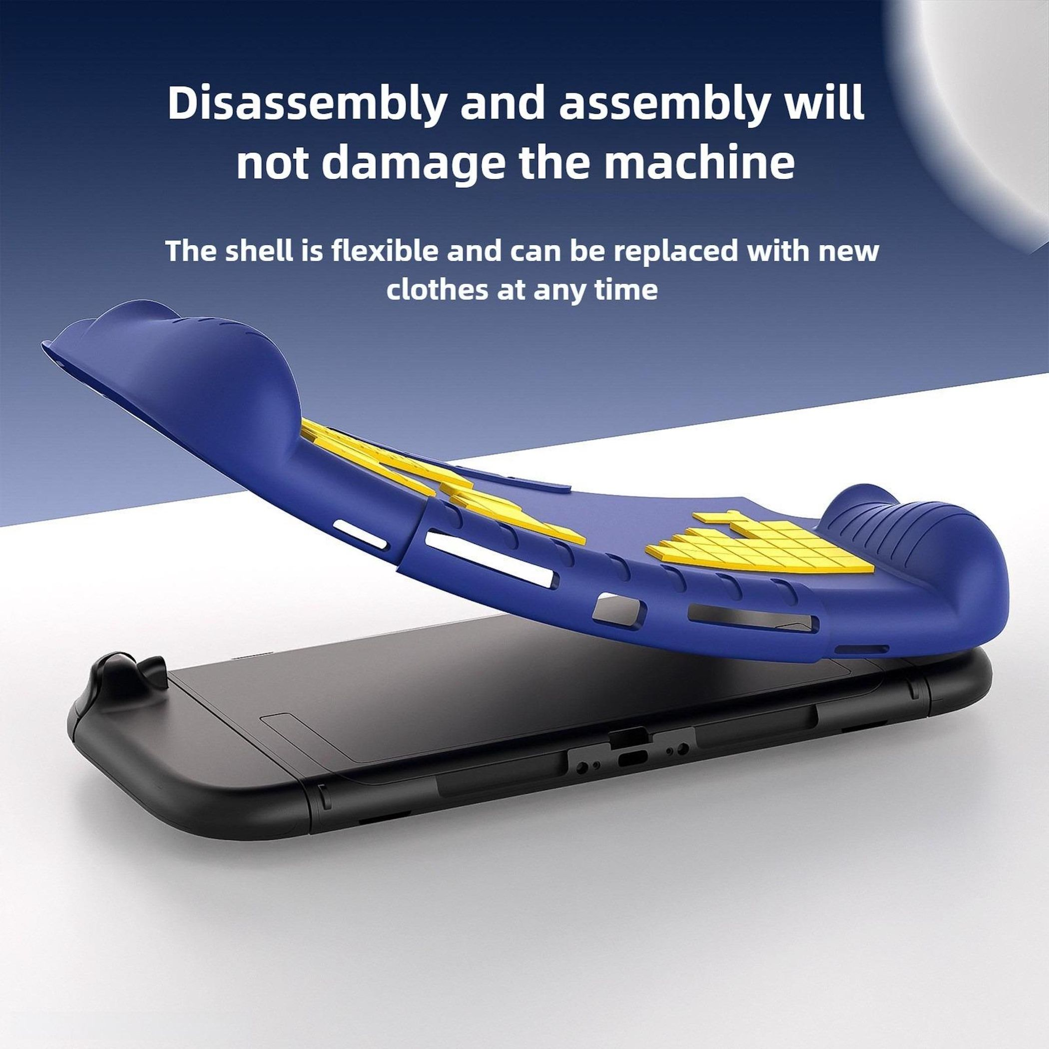 Gezeigt wird eine Handyhülle, blau und gelb, über einem schwarzen Telefon. Text besagt, dass die Demontage die Maschine nicht beschädigt.