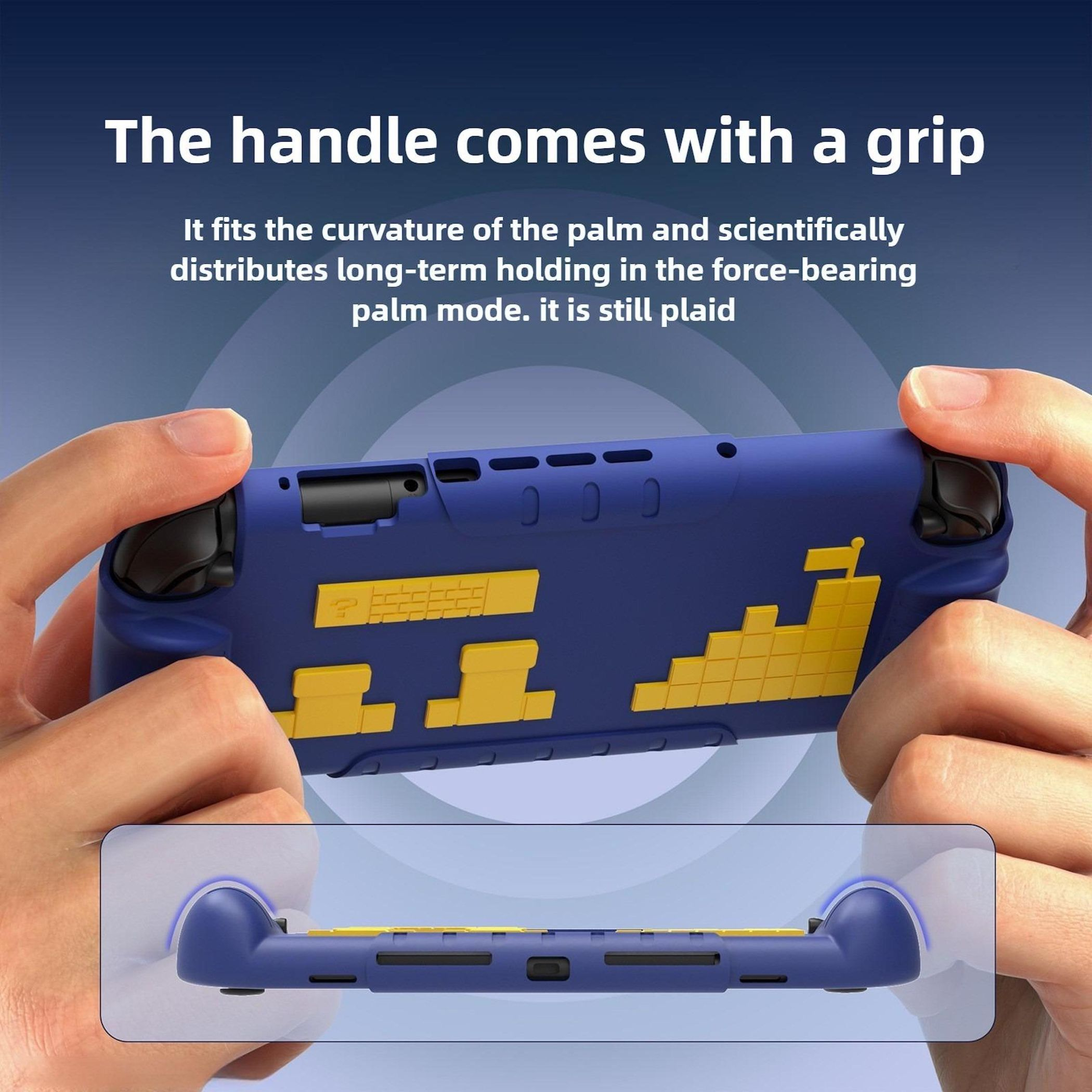Hände halten einen blau-gelben Gamecontroller. Ein Diagramm des Griffs des Controllers ist im Vordergrund.