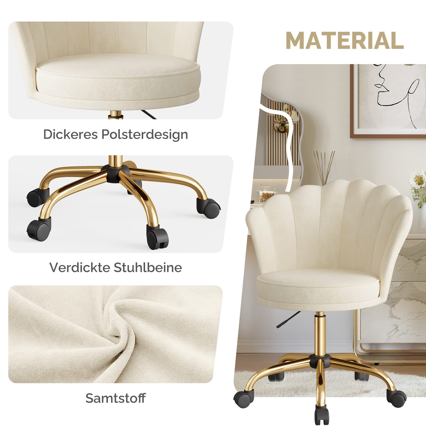 Cremefarbener Drehstuhl mit goldenen Beinen, detaillierte Nahaufnahmen von Sitz, Beinen und Samtmaterial. Der Stuhl steht in einem Raum.
