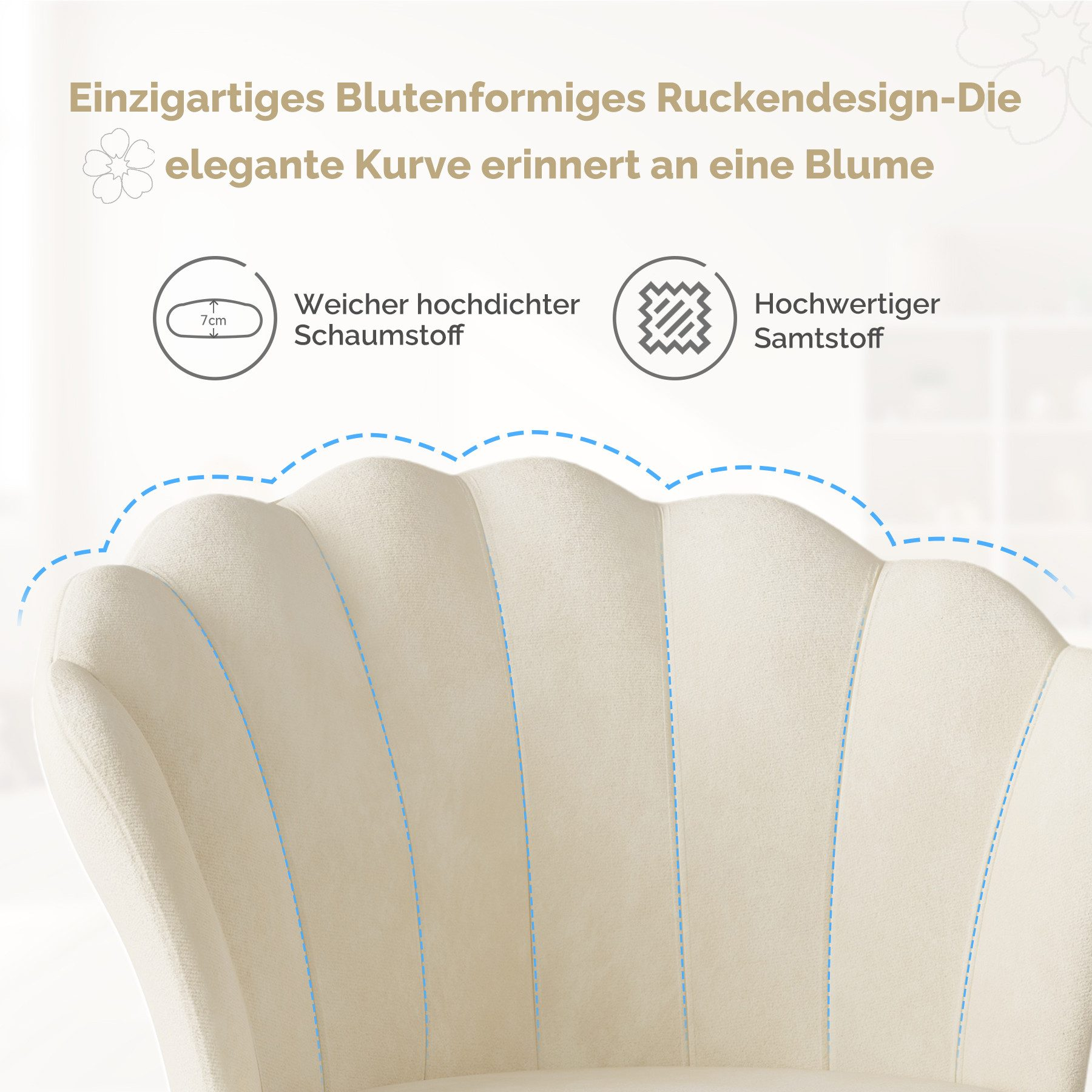 Nahaufnahme einer cremefarbenen Stuhllehne mit blumenförmigem Design. Oben befinden sich Text und Symbole.