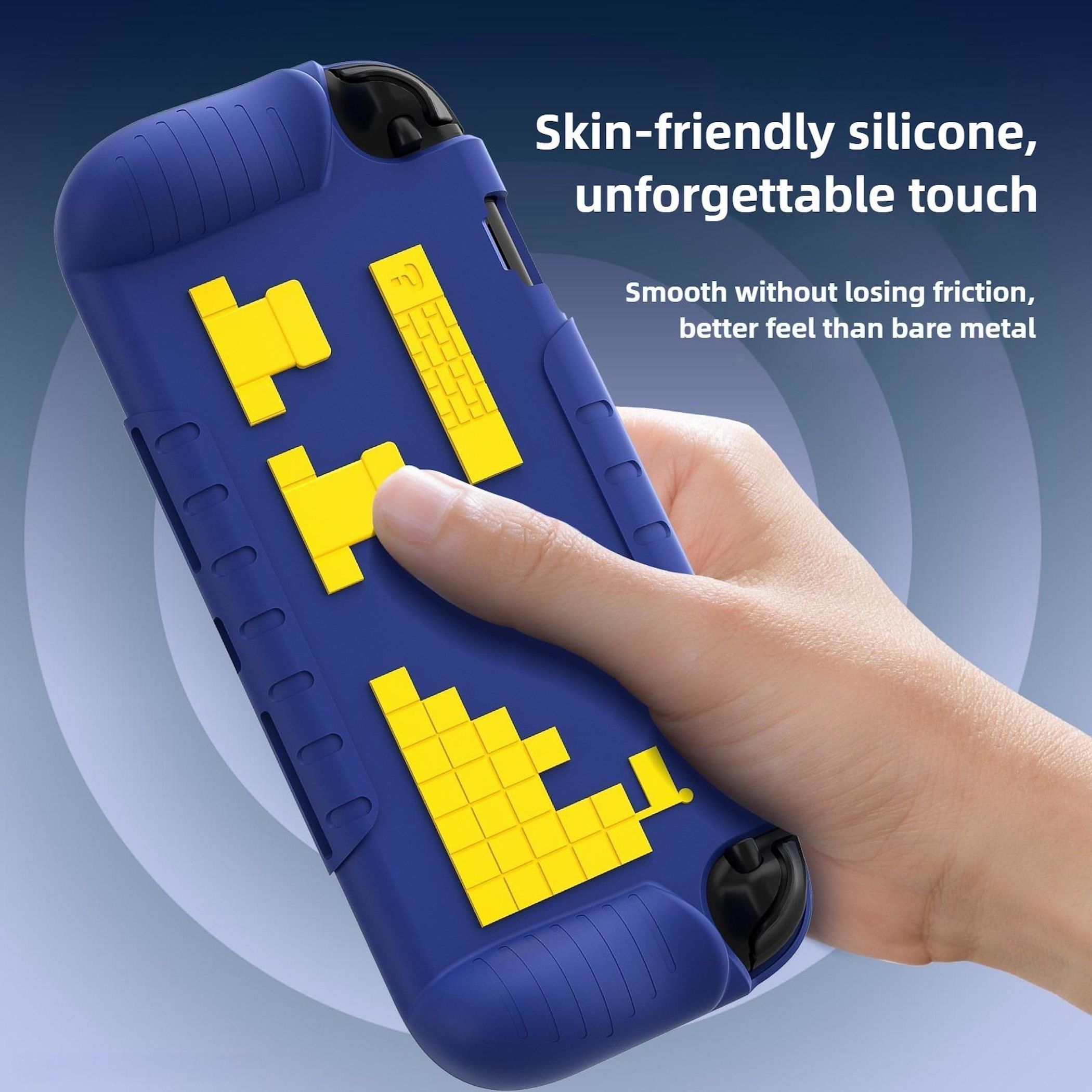 Eine Hand, die eine blaue Gerätehülle mit gelben pixeligen Designs hält. Der Text lautet hautfreundliches Silikon.
