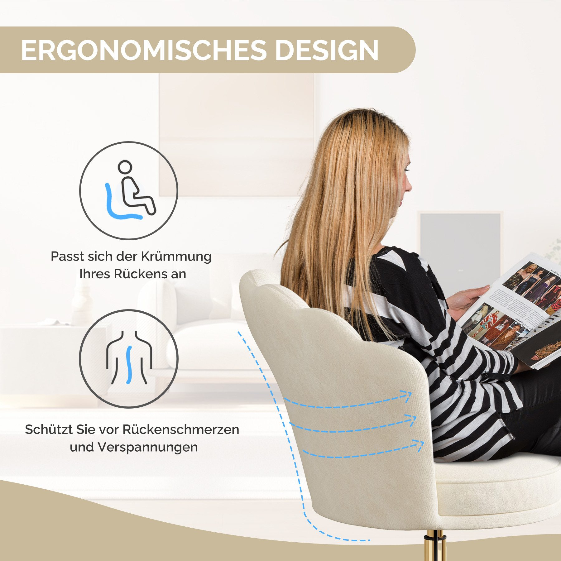 Eine Frau liest eine Zeitschrift, während sie in einem beigen ergonomischen Stuhl sitzt. Der Text beschreibt das Design und seine Vorteile.