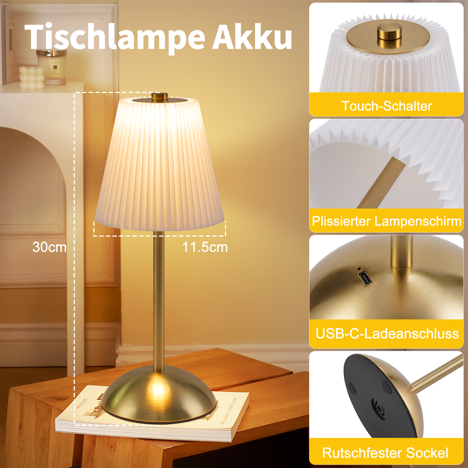 Lampada da tavolo dorata con paralume plissettato, porta USB e base antiscivolo, su tavolo di legno.
