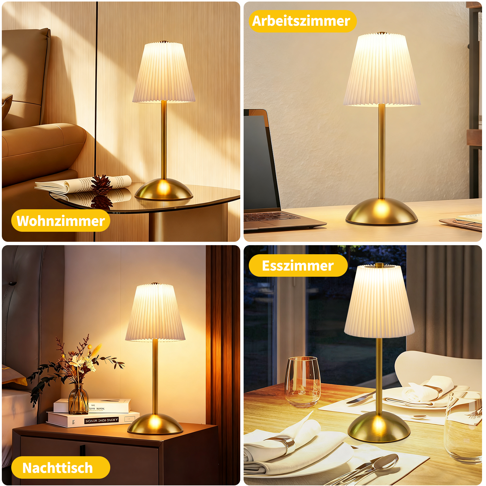 Una lampada dorata con paralume plissettato è collocata in diverse stanze: soggiorno, ufficio domestico, camera da letto e sala da pranzo.