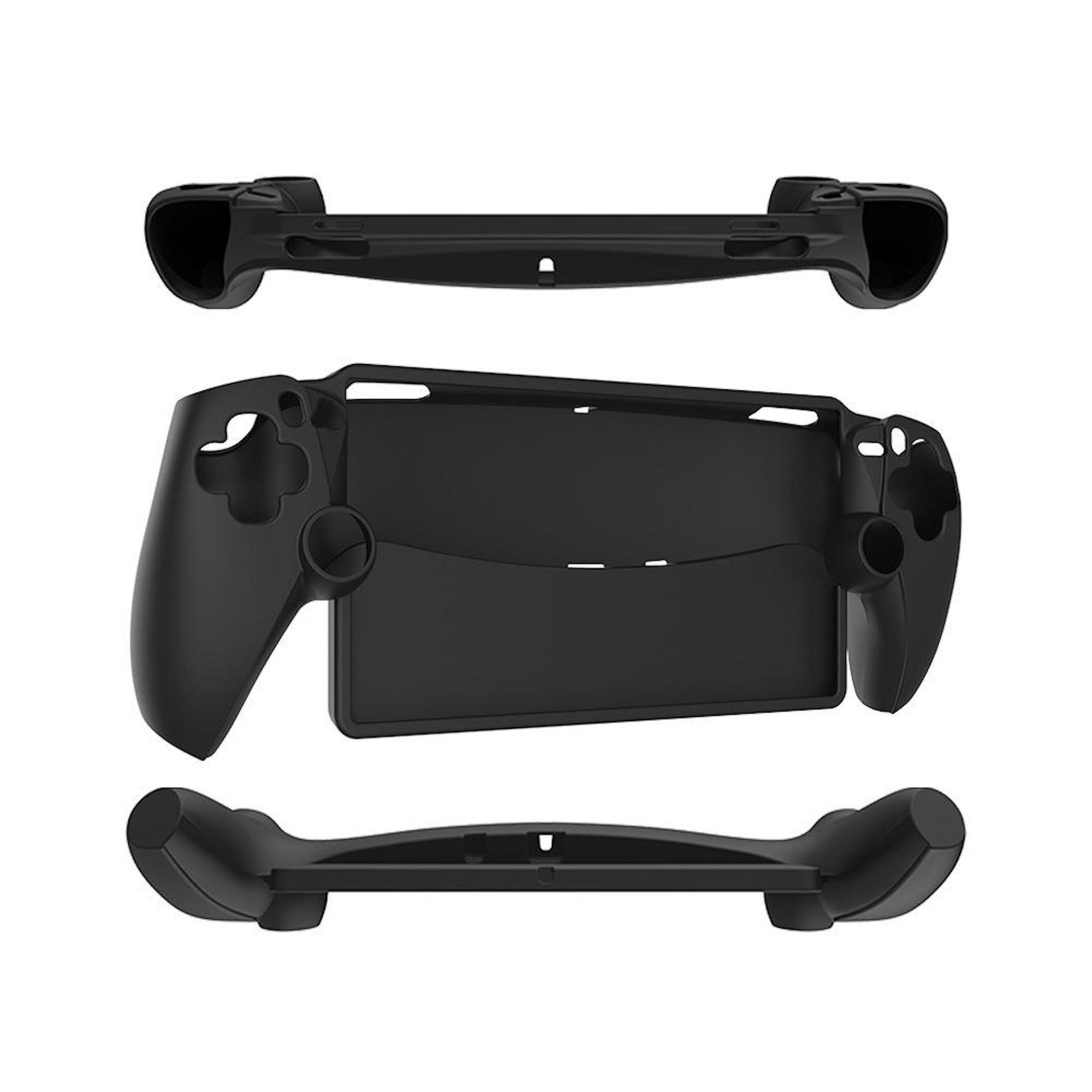 Carcasa negra de mando de juegos, tres partes visibles. Las piezas superior e inferior son asas. La pieza central tiene una pantalla.