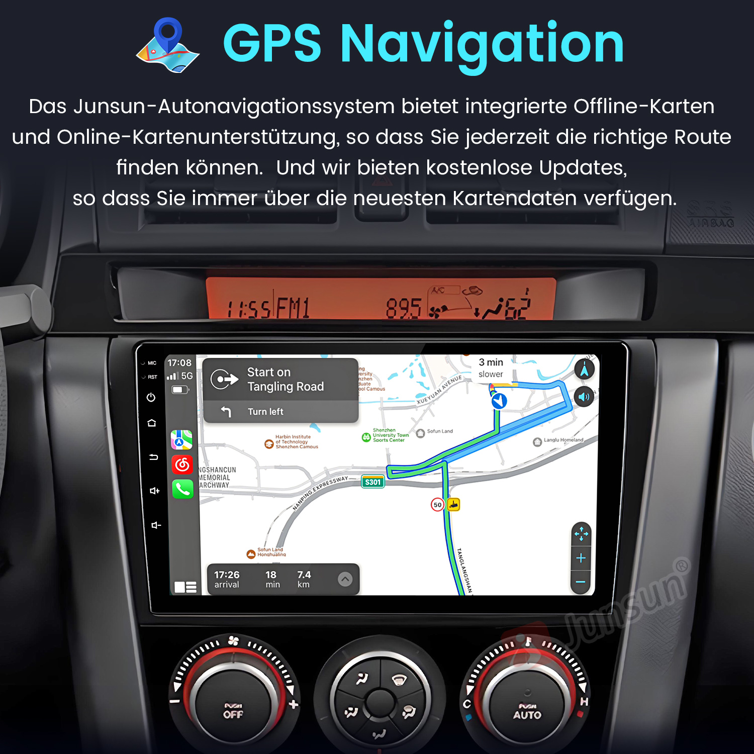 Auto-Armaturenbrett mit GPS-Navigation. Karte mit Route, Zeit- und Entfernungsdetails.