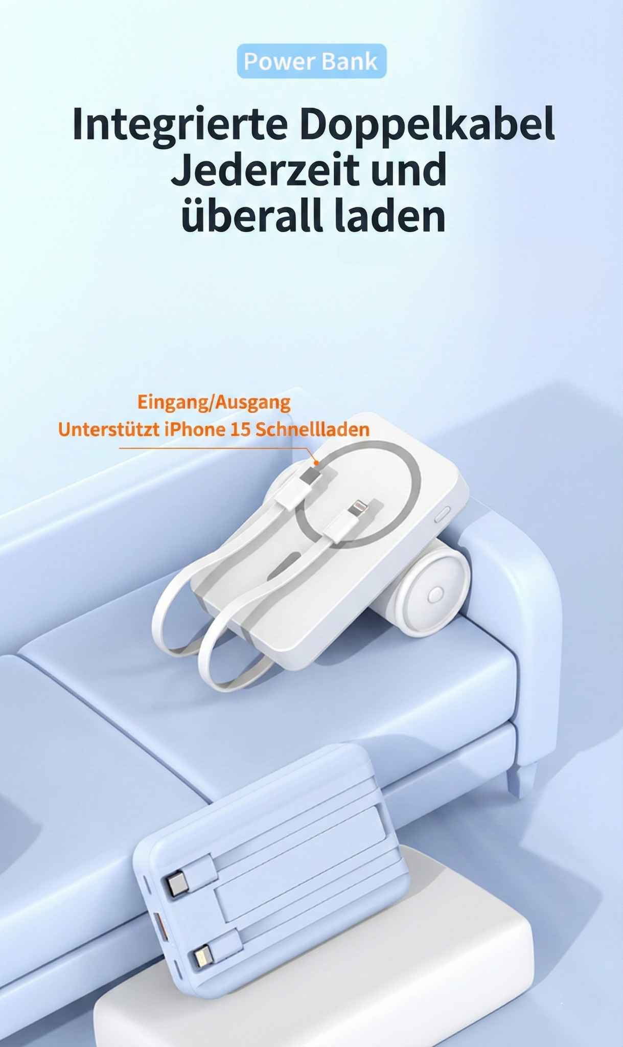 Weiße Powerbank mit integrierten Kabeln auf blauem Sofa. Eine hellblaue Powerbank liegt auf weißer Oberfläche.
