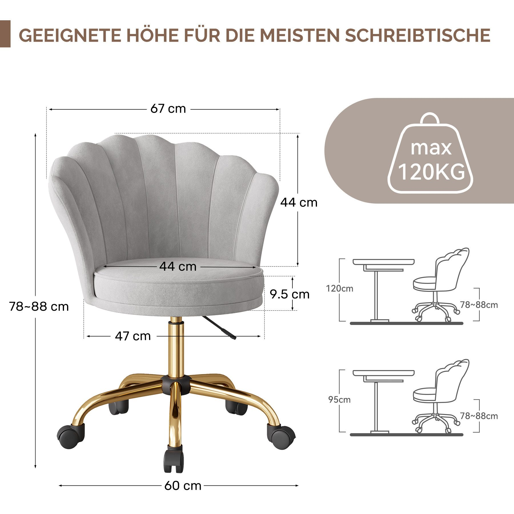 Ein grauer Schreibtischstuhl mit goldenen Beinen, Maße beschriftet. Max. Gewicht 120 kg. Diagramme der Schreibtischhöhen.