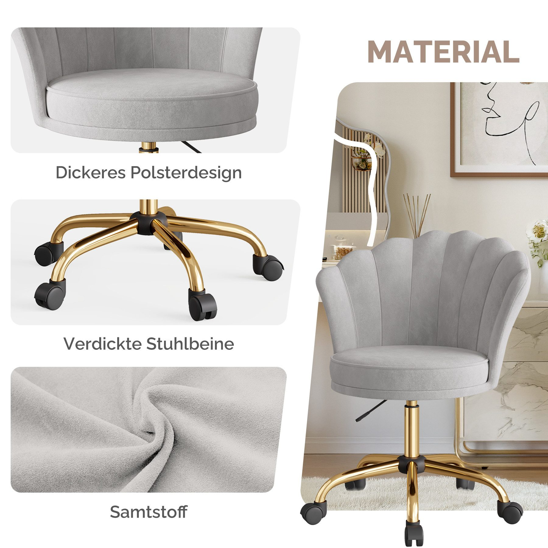 Ein grauer Samtstuhl mit goldenen Beinen. Der Stuhl hat eine muschelförmige Rückenlehne. Der Hintergrund zeigt eine Wand mit einem Gemälde.