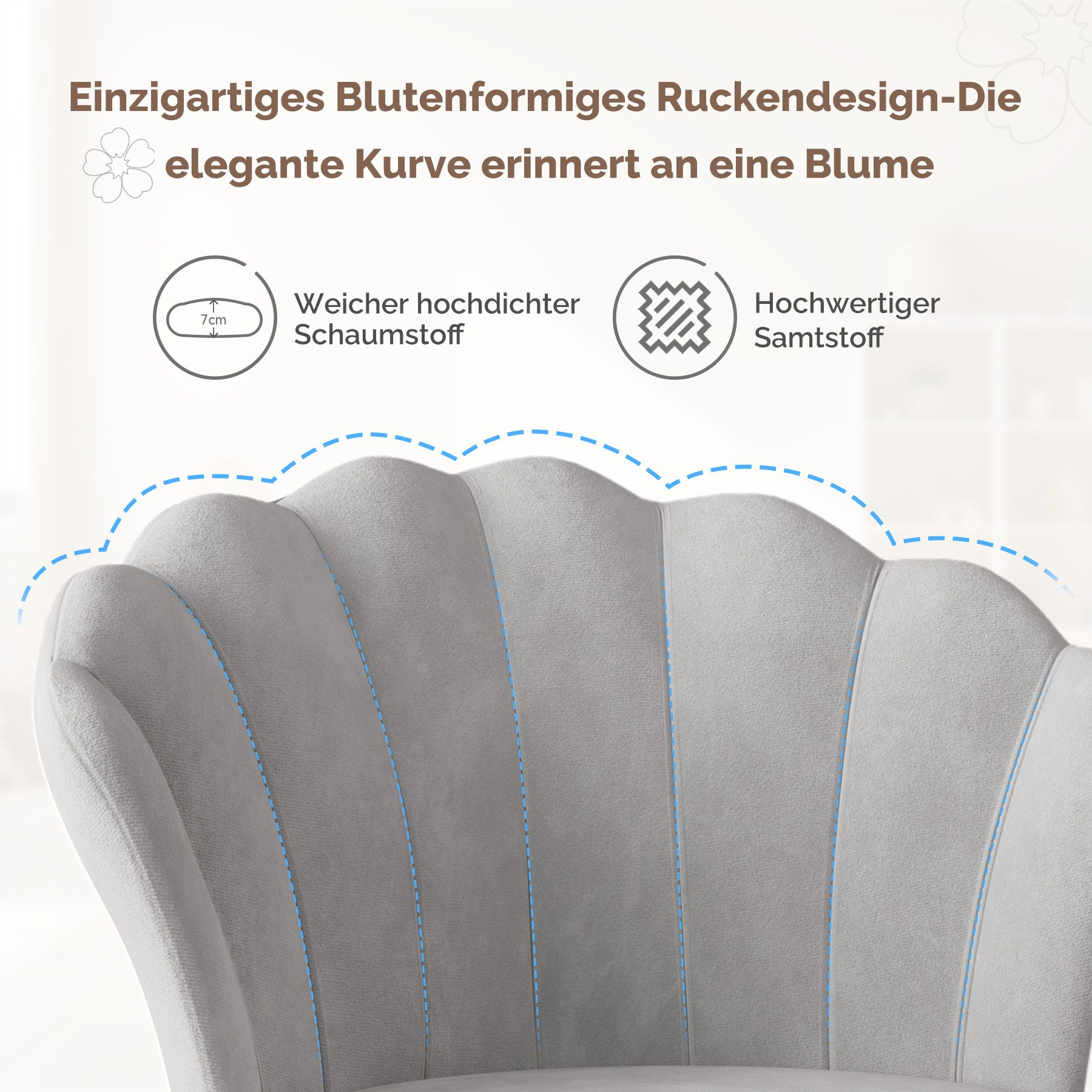 Nahaufnahme eines grauen, blütenförmigen Stuhlrückens. Text beschreibt Merkmale: weicher Schaumstoff, Samt, 7cm Detail.