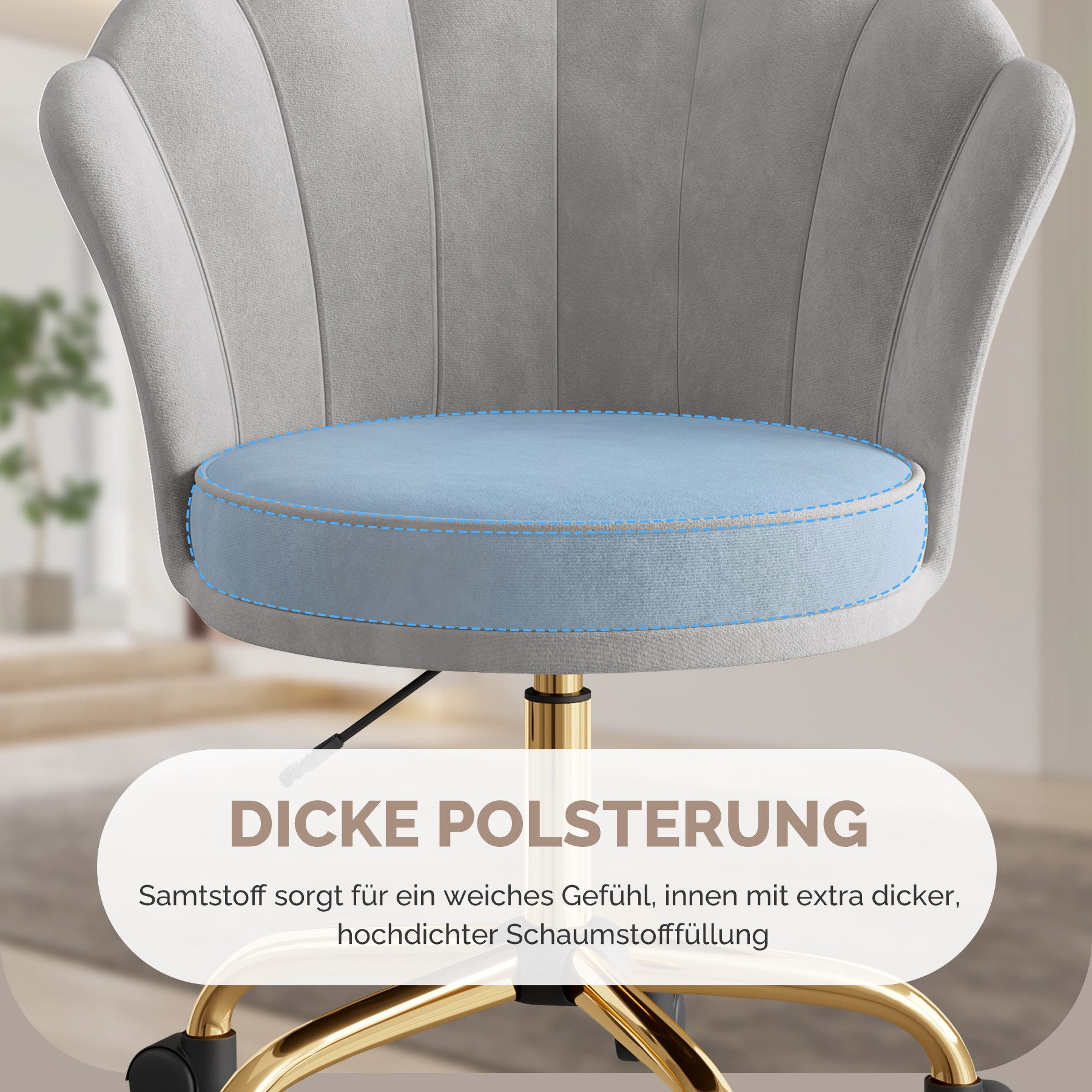 Nahaufnahme eines grauen Bürostuhls mit blauem Sitz. Der Stuhl hat goldene Beine und steht auf einer weißen Oberfläche.