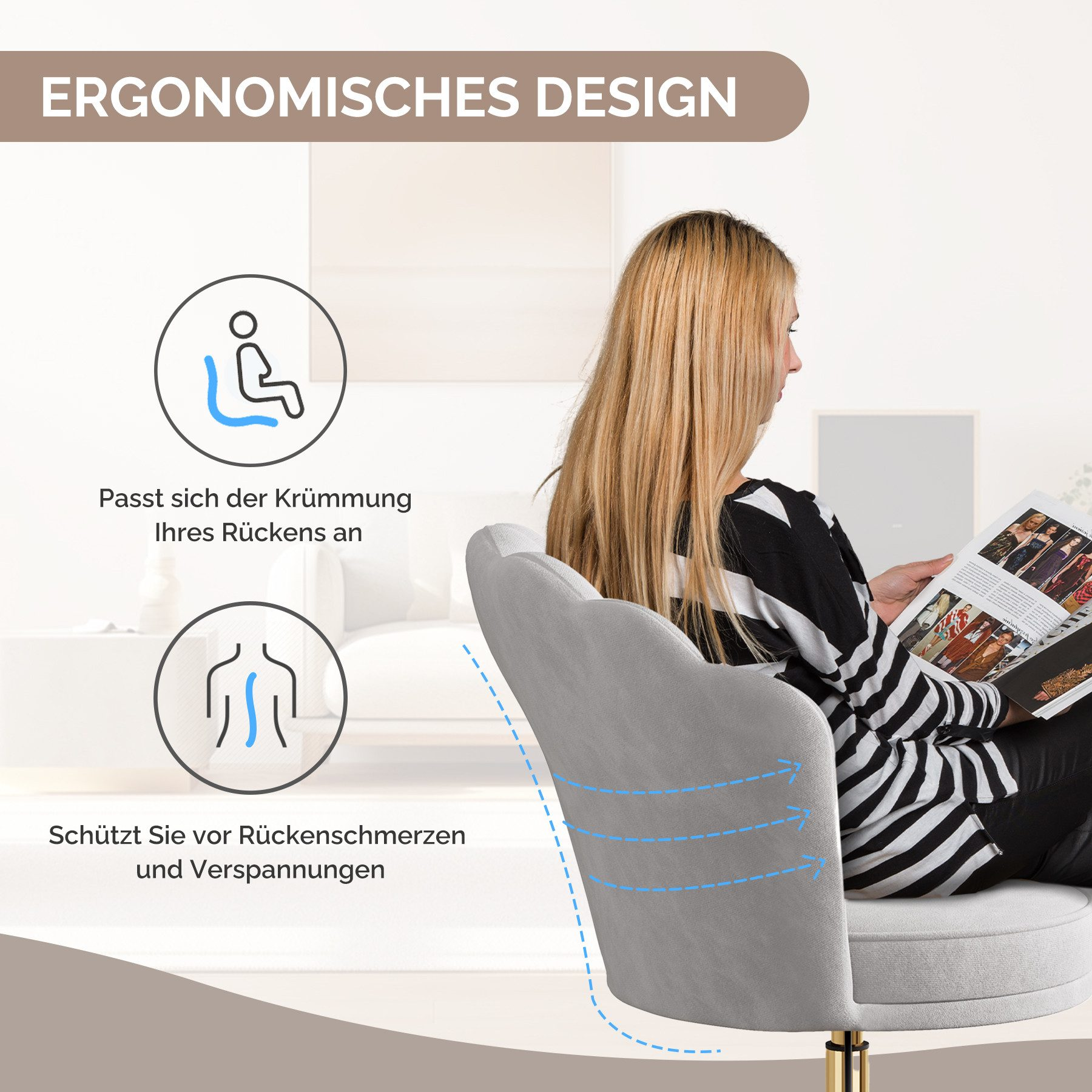 Eine Frau sitzt in einem grauen Stuhl und liest eine Zeitschrift. Der Stuhl ist ergonomisch gestaltet. Der Text lautet 'Ergonomisches Design'.