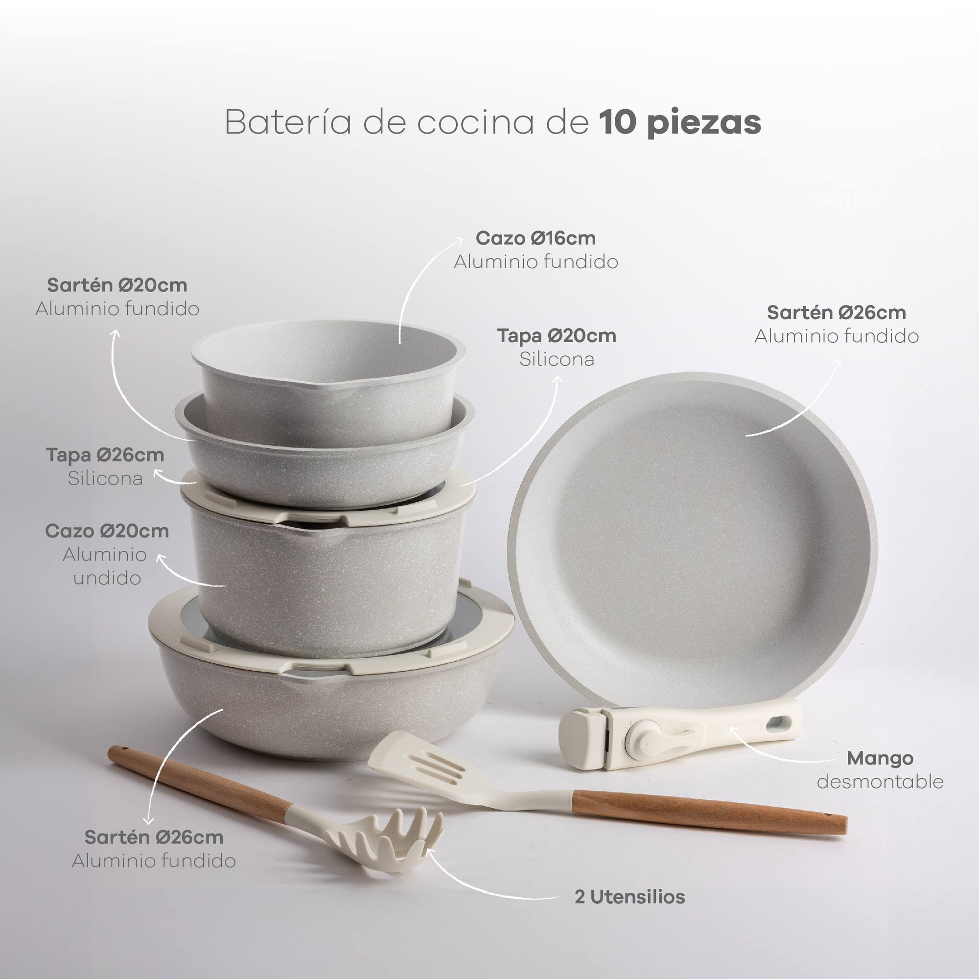 Un juego de utensilios de cocina de 10 piezas. Incluye ollas, sartenes, tapas y utensilios. Color gris claro con mangos de madera y un mango extraíble.