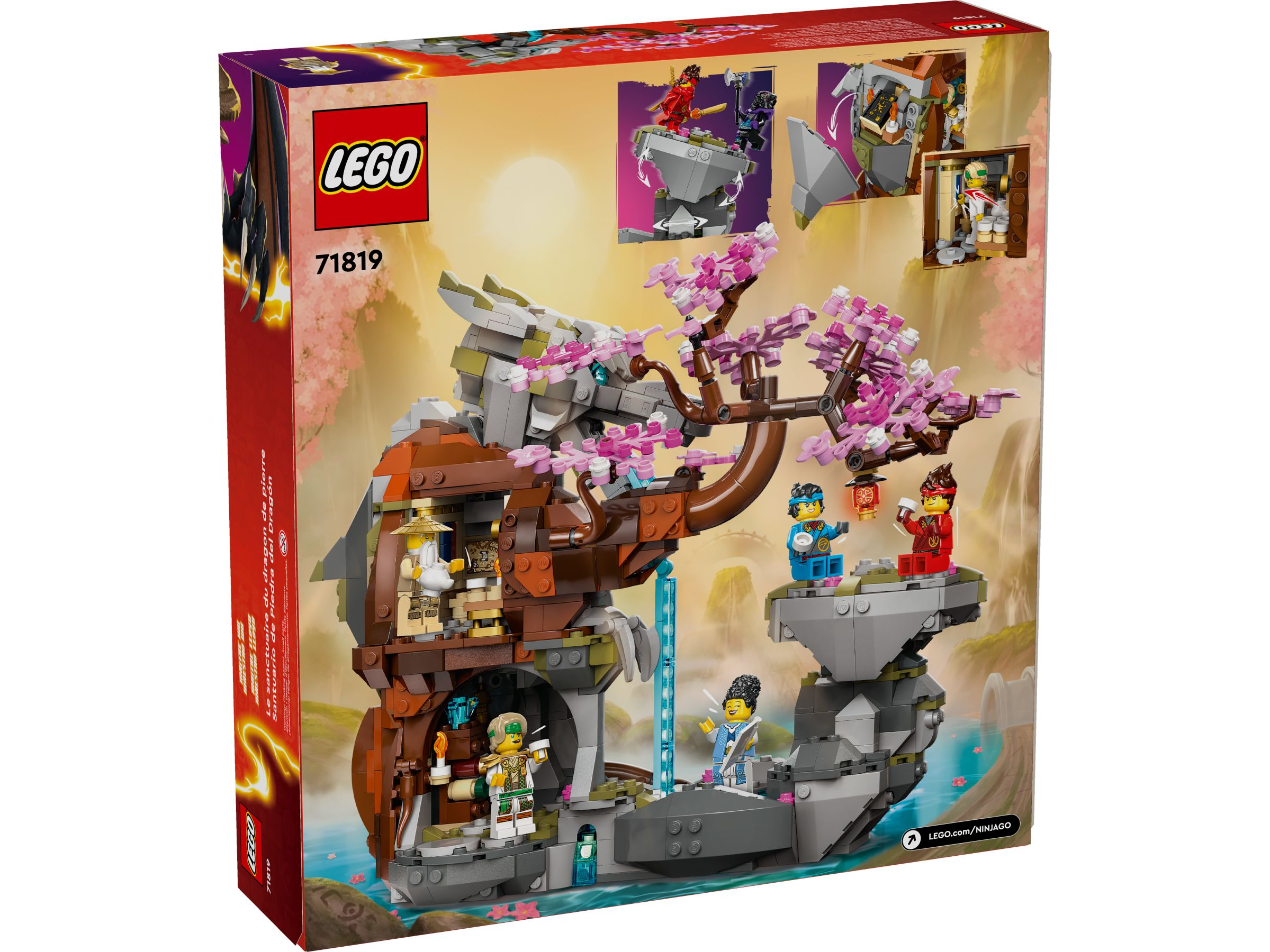 Lego-Box-Art mit einer Drachenstruktur mit Minifiguren, Kirschblüten und einem Wasserfall vor einem Sonnenuntergang.
