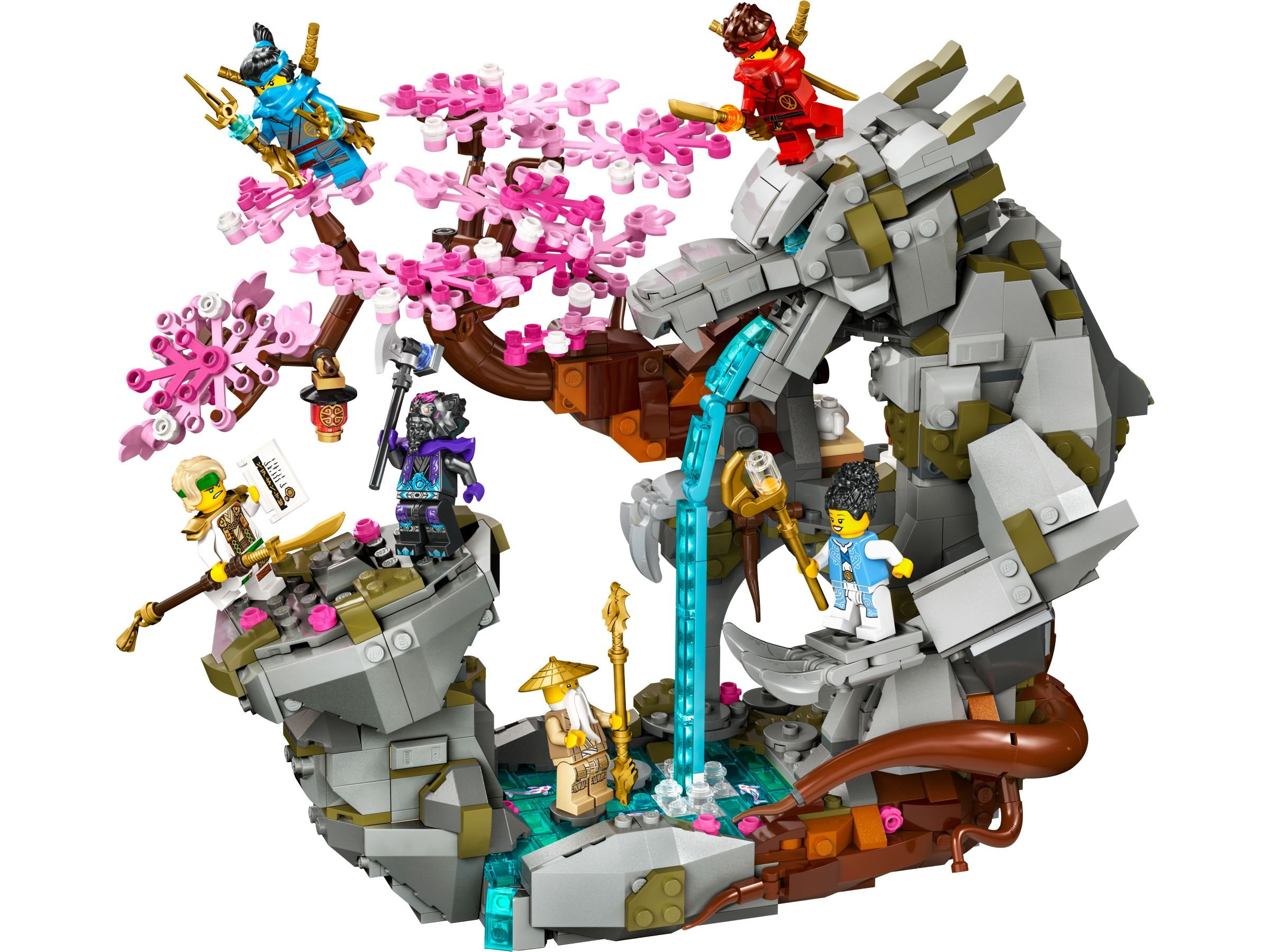 Ein Lego-Set zeigt einen Drachen mit Wasserfall, Kirschblüten und Minifiguren von Charakteren in Aktion.
