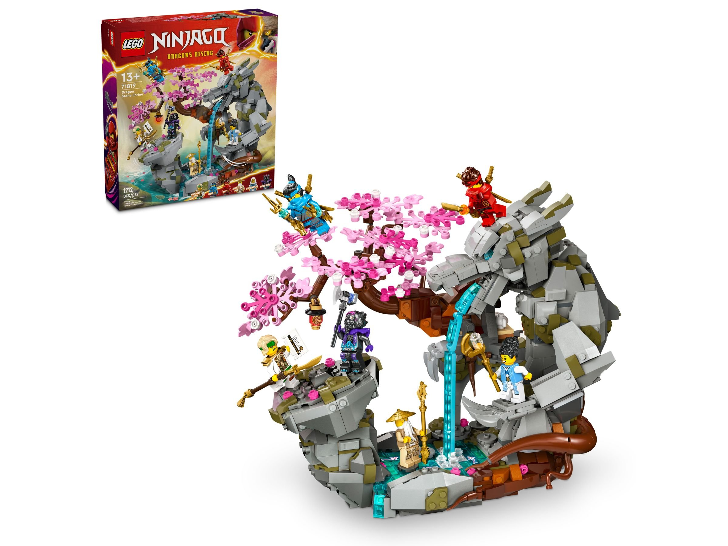Lego Ninjago Set. Drachenförmige Struktur mit Minifiguren und einem Kirschblütenbaum. Box oben links.