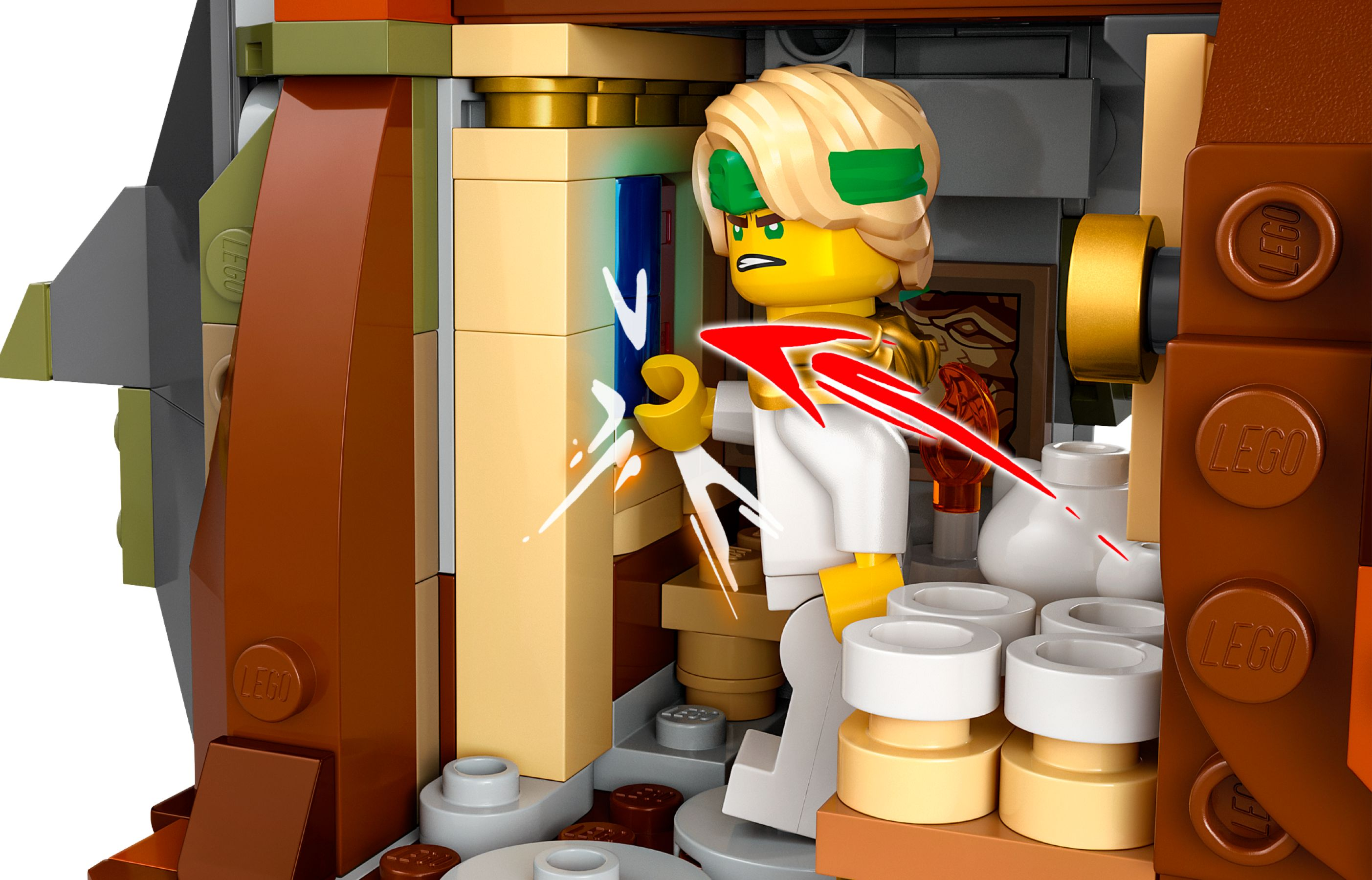 Eine Lego-Figur mit grünem Stirnband und blondem Haar befindet sich in einem Raum. Ein Pfeil zeigt von ihm weg. Das Set hat braune, beige und weiße Farben.