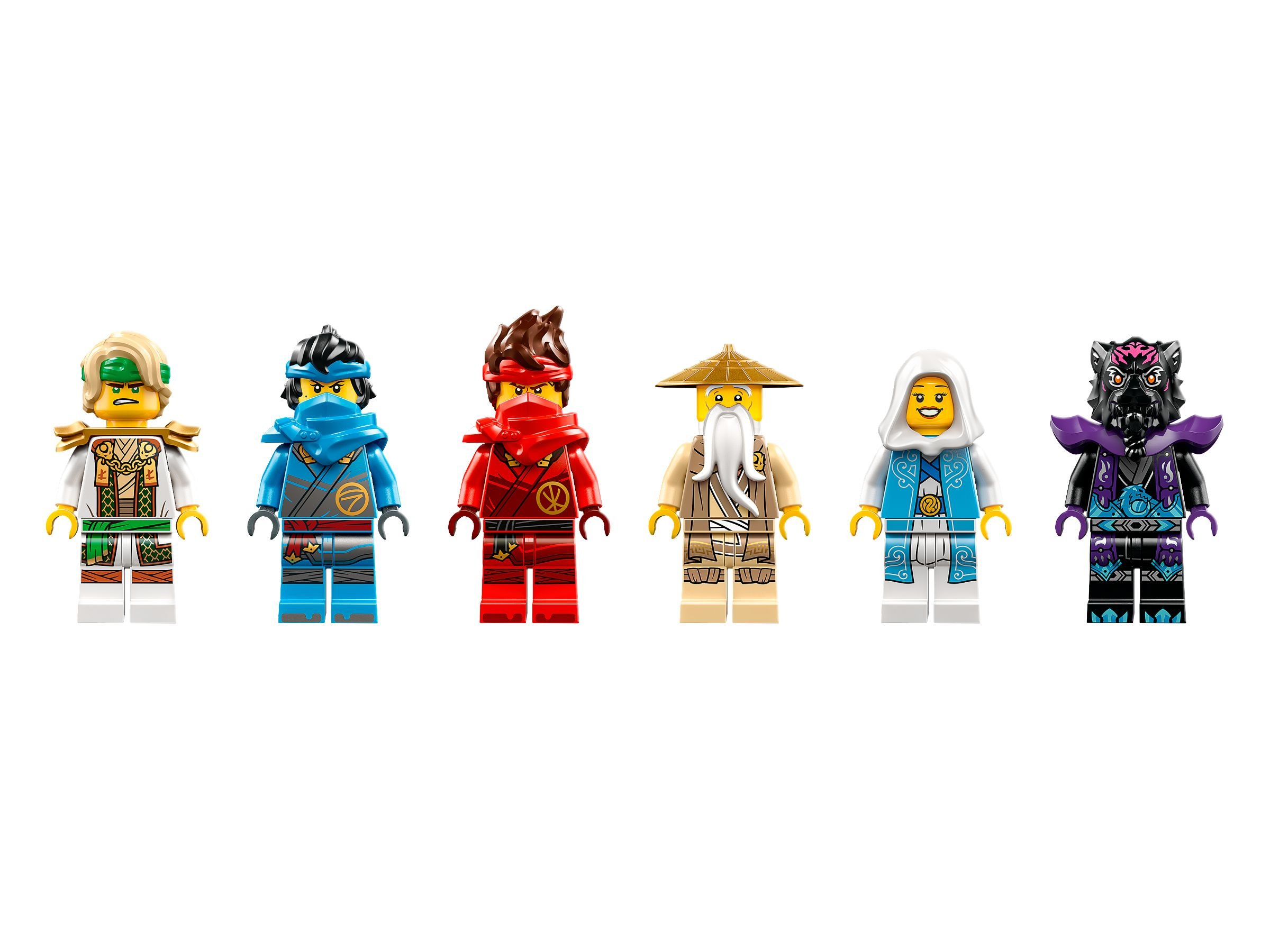 Sechs Lego-Minifiguren sind in einer Reihe angeordnet. Jede Figur hat ein einzigartiges Design, einschließlich Farben und Zubehör.