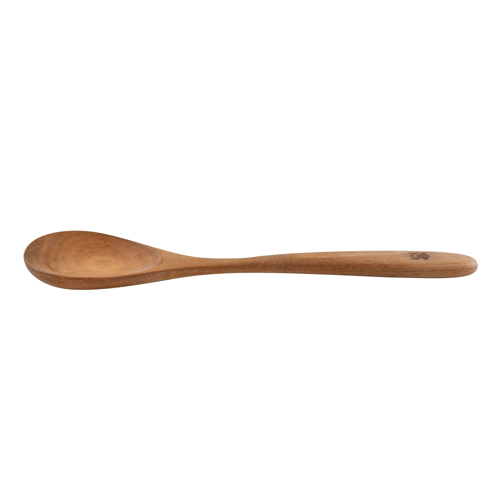 Una cuchara de madera. Es marrón, con un cuenco redondeado y un mango largo. Sobre un fondo blanco.