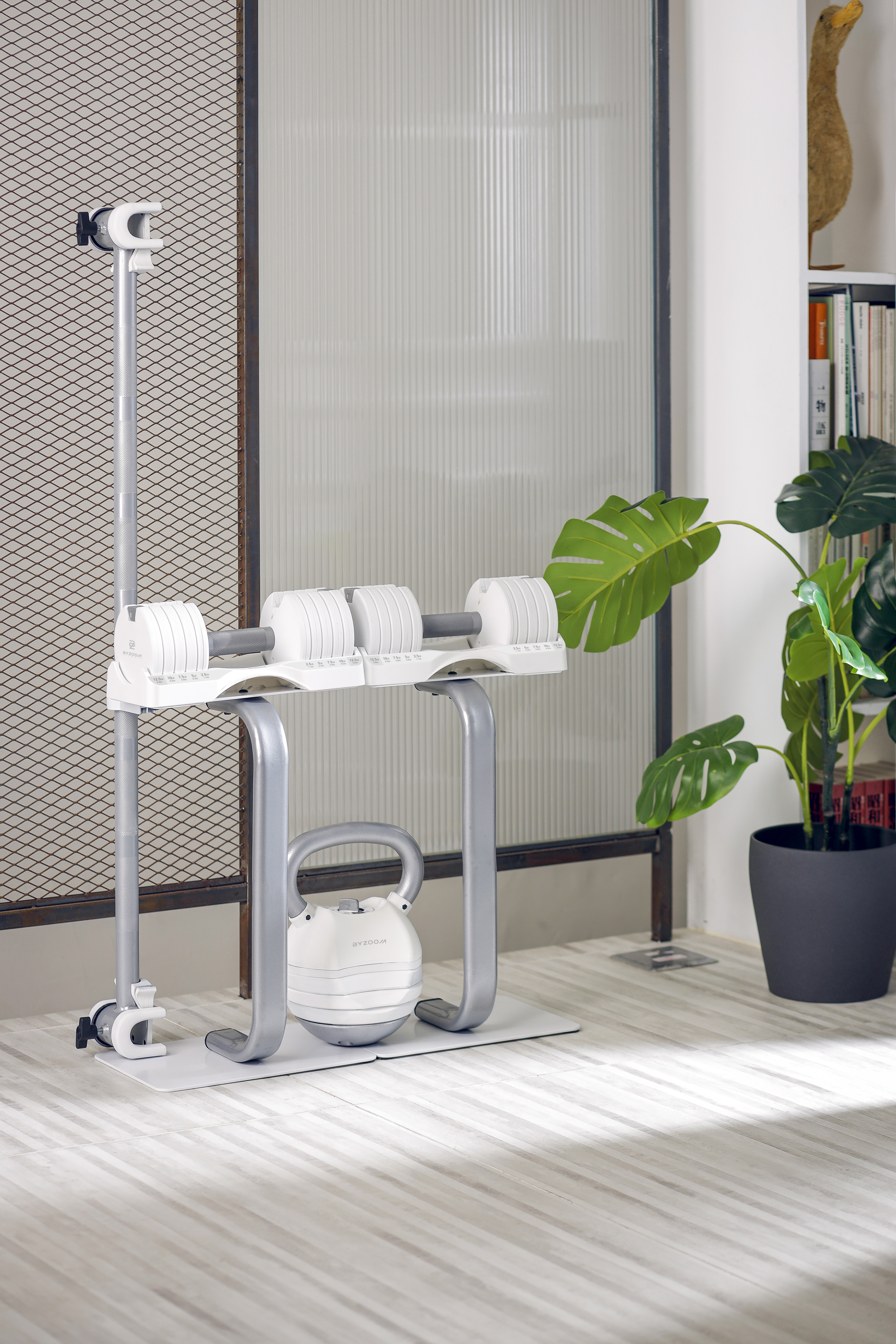 Équipement de gym : haltères, un kettlebell et un support sur un tapis. Une plante et un canard décoratif en arrière-plan.
