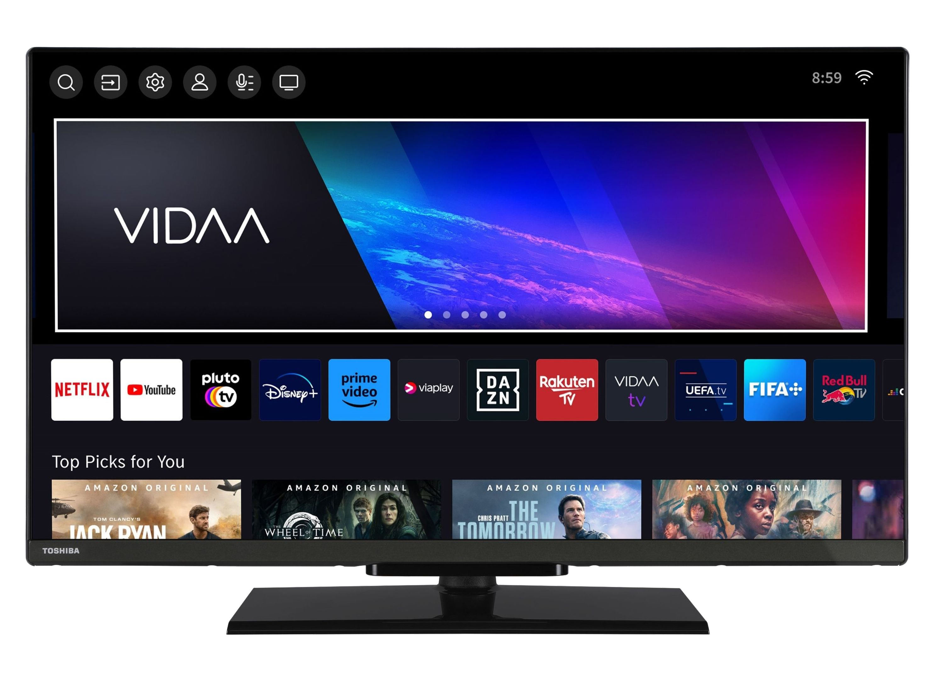 Ein Toshiba-Fernseher zeigt die VIDAA-Oberfläche mit App-Symbolen und Filmauswahlen, darunter Netflix und YouTube.