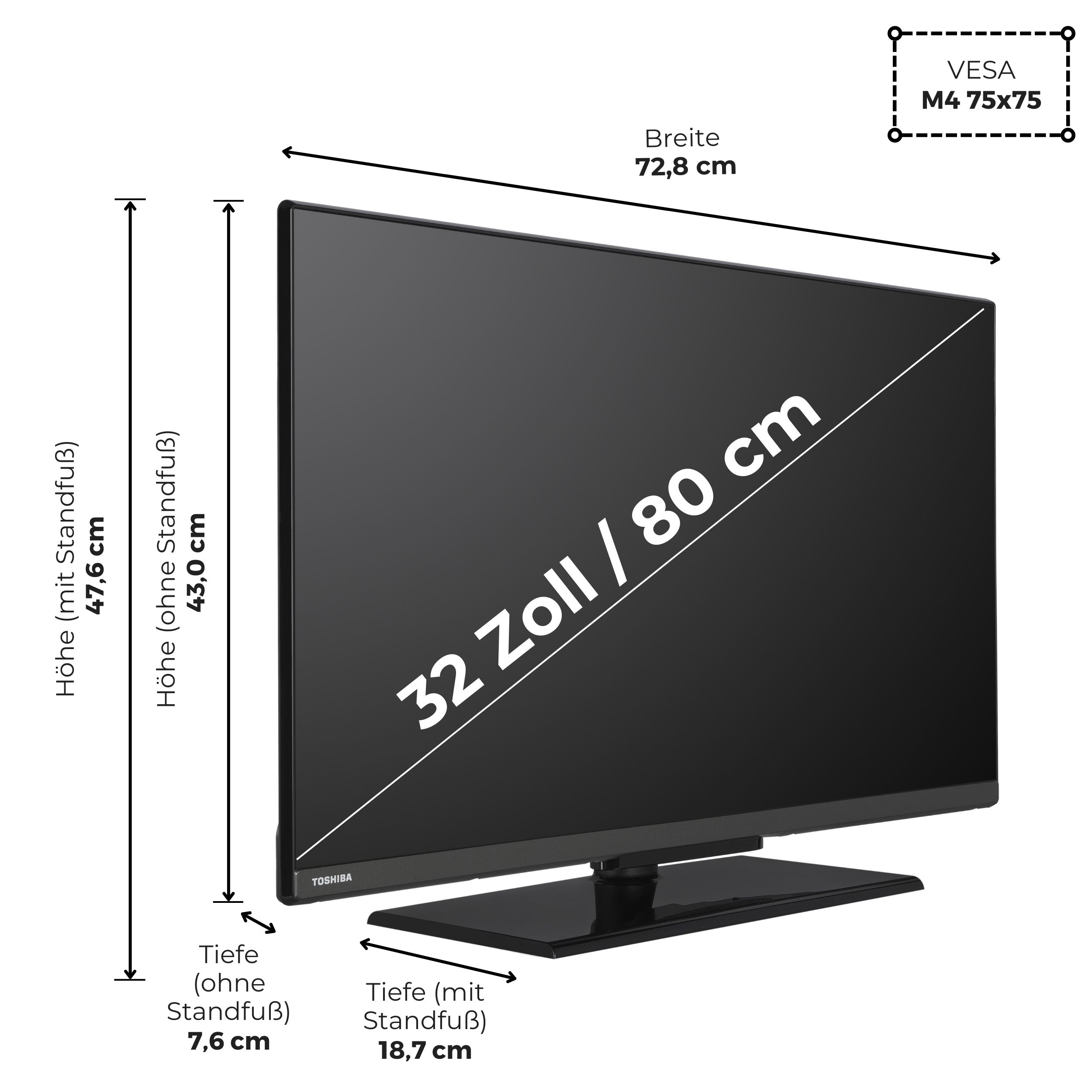 Ein schwarzer Toshiba 32-Zoll-Fernseher. Abmessungen mit Maßen in cm angezeigt.