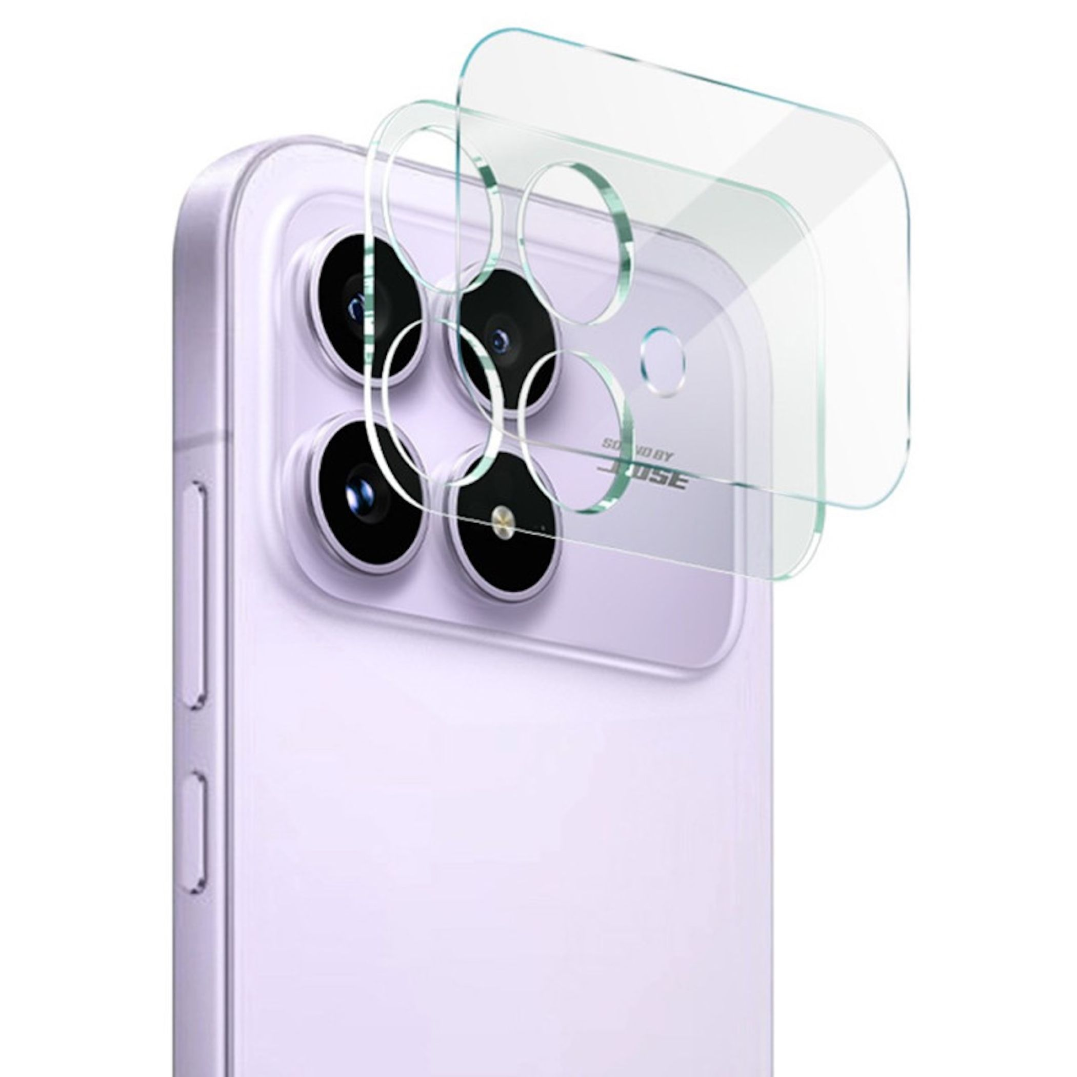 Un telefono con protezioni per fotocamera. Il telefono è viola. Le protezioni sono trasparenti, che coprono le lenti.