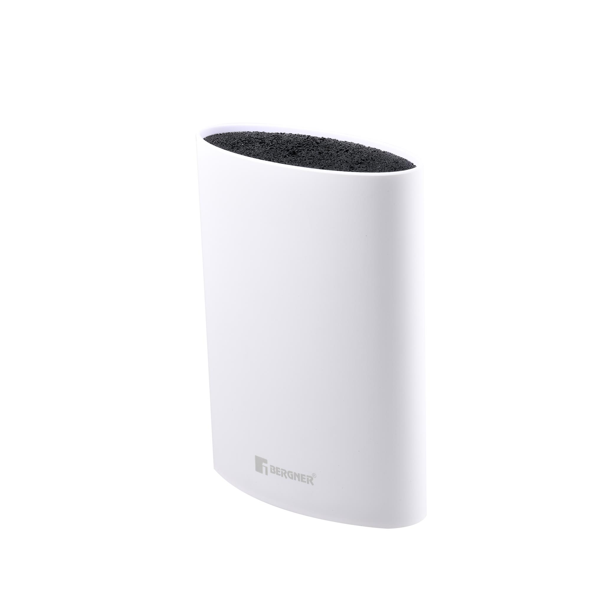 Un bloque de cuchillos Bergner blanco con inserto negro. Tiene forma redondeada y se encuentra sobre un fondo blanco.