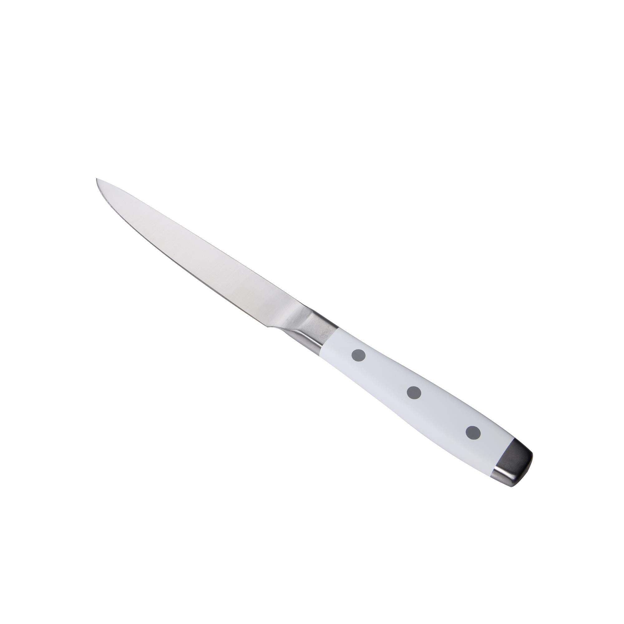 Un cuchillo con mango blanco y hoja plateada. El mango tiene tres puntos grises.