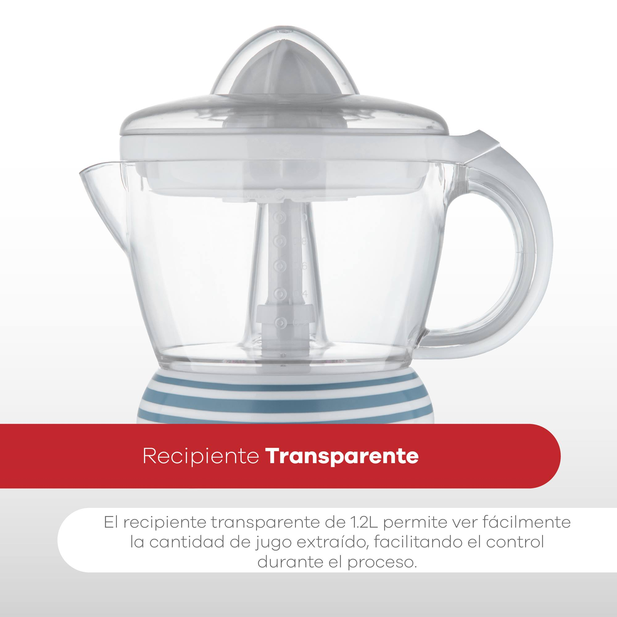Un exprimidor transparente con tapa blanca y base a rayas azules. Tiene un asa y la etiqueta 'Transparente'.