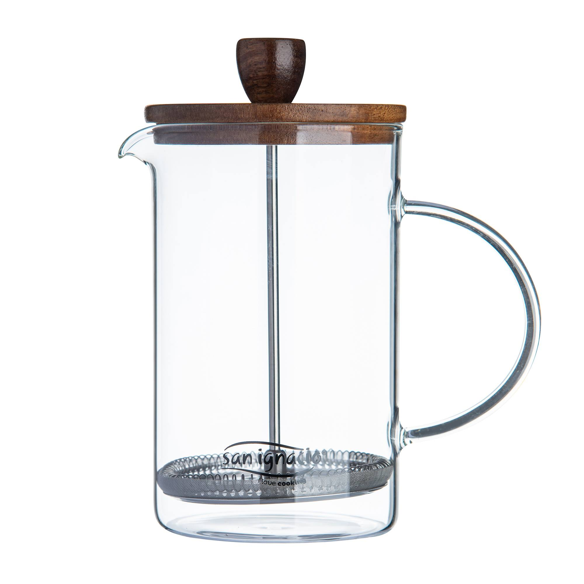 Cafetera francesa de vidrio transparente con tapa y asa de madera. Émbolo de acero inoxidable. Botón de madera oscura.