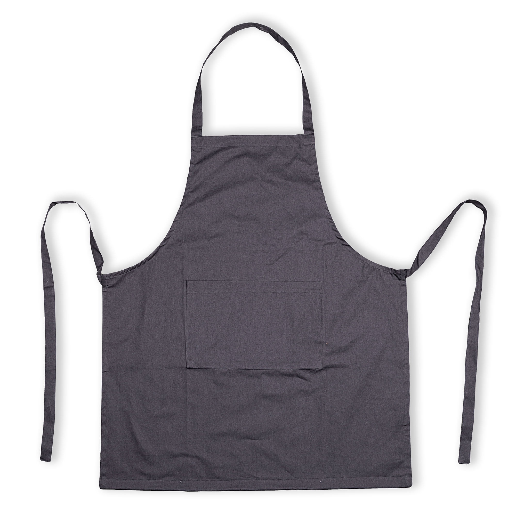 Un delantal gris con un bolsillo sobre un fondo blanco. Tiene una correa para el cuello y lazos en la cintura.