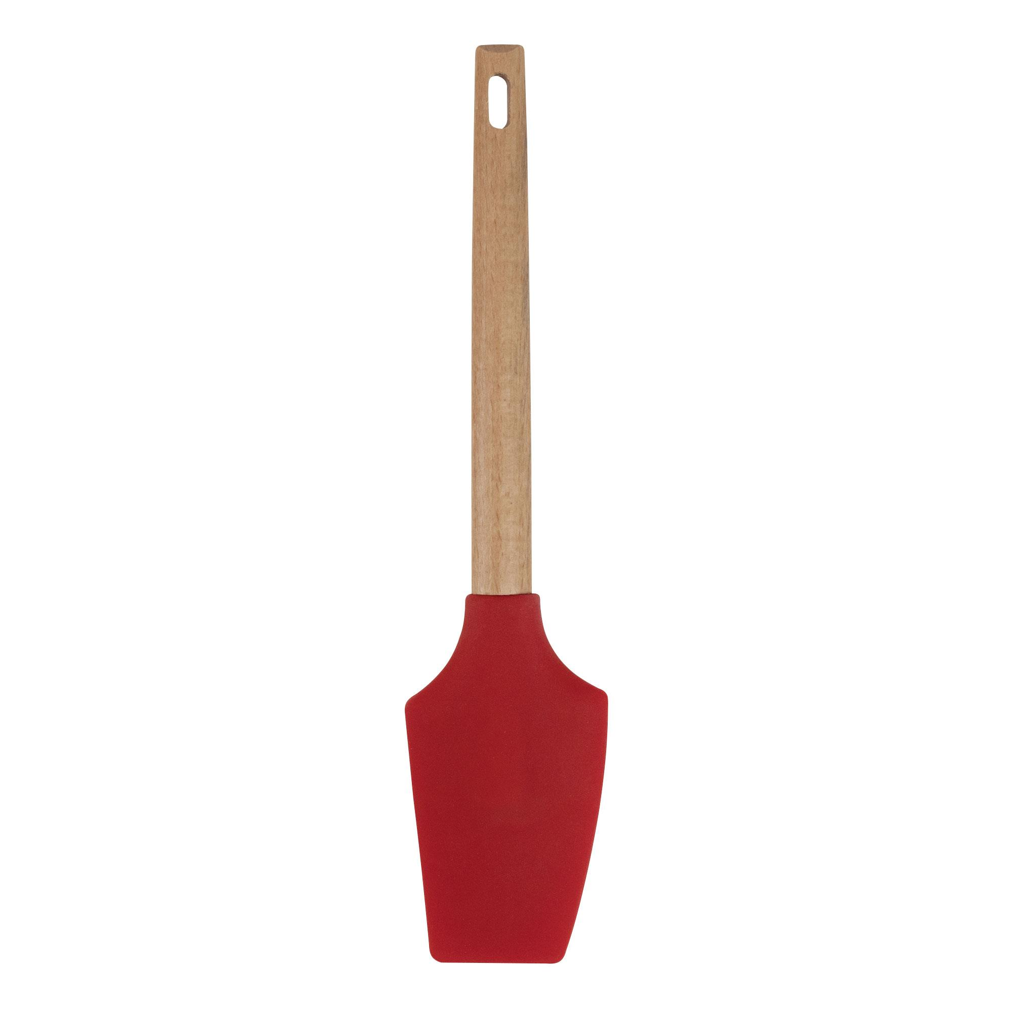Una espátula roja con mango de madera sobre fondo blanco.
